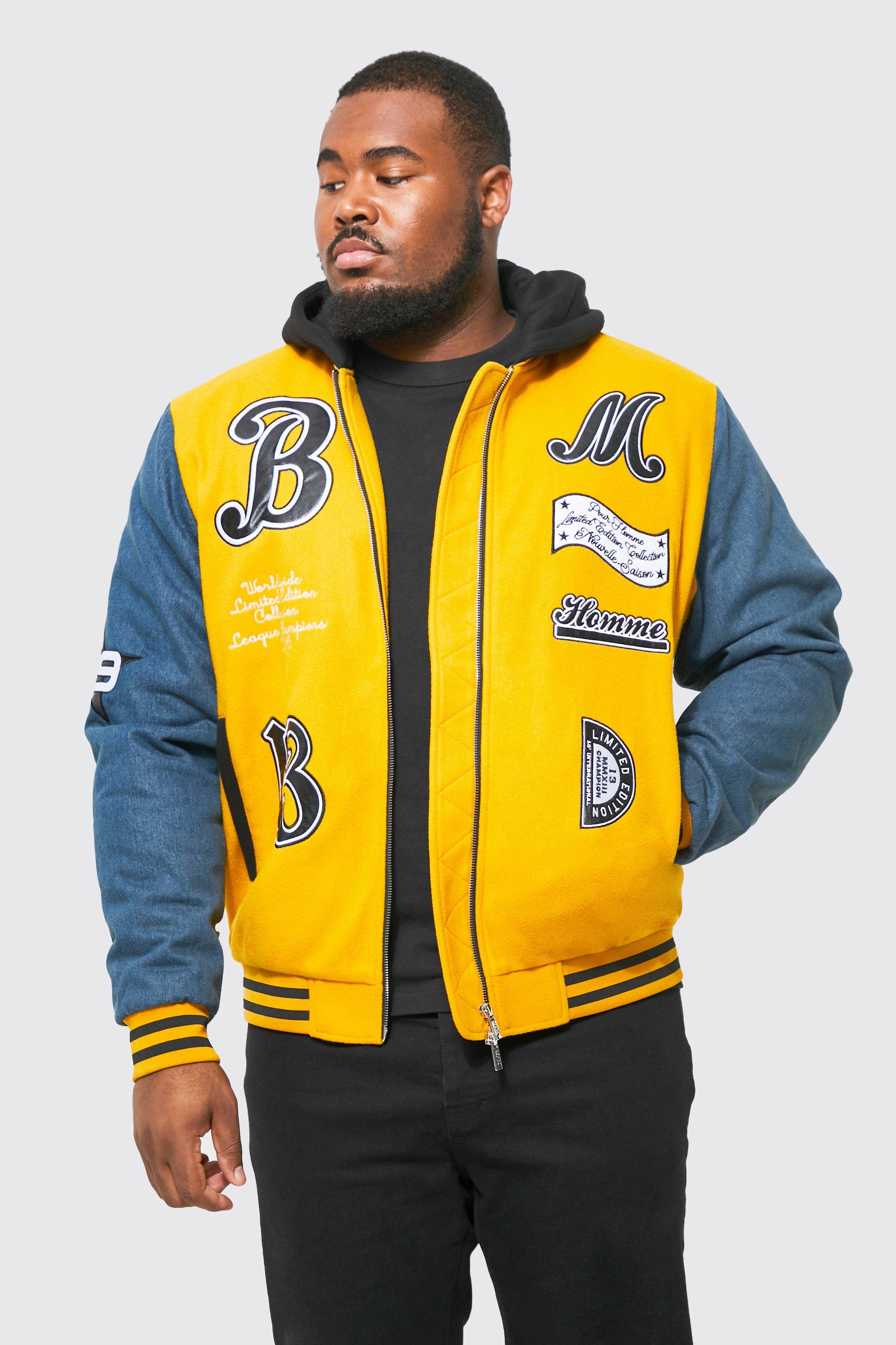 Plus Bm 13 Varsity Jacket With Denim Sleeves | boohooMAN USA