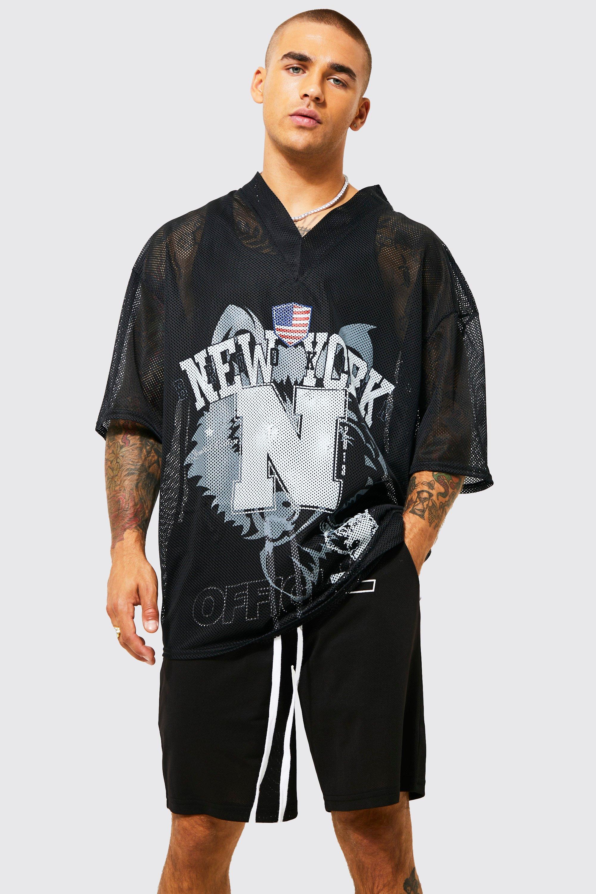 Oversized Mesh New York Print V Neck T-shirt