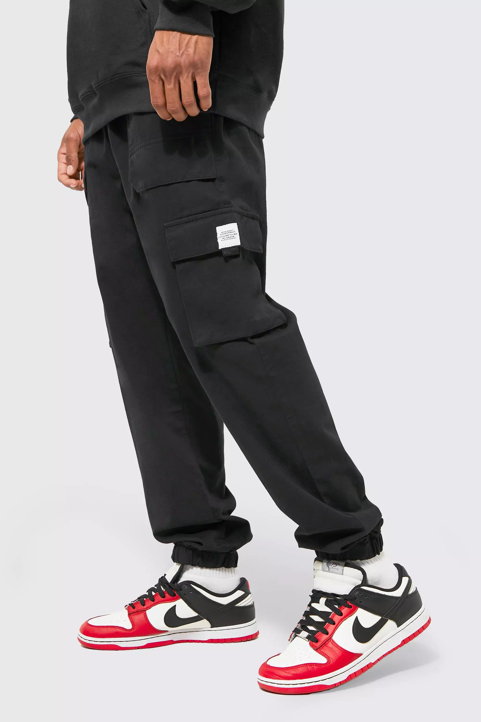 Elastic Waist Slim Fit Buckle Cargo Jogger Black