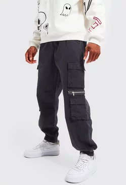 Elastic Waist Multi Pocket Zip Cargo Pants Black