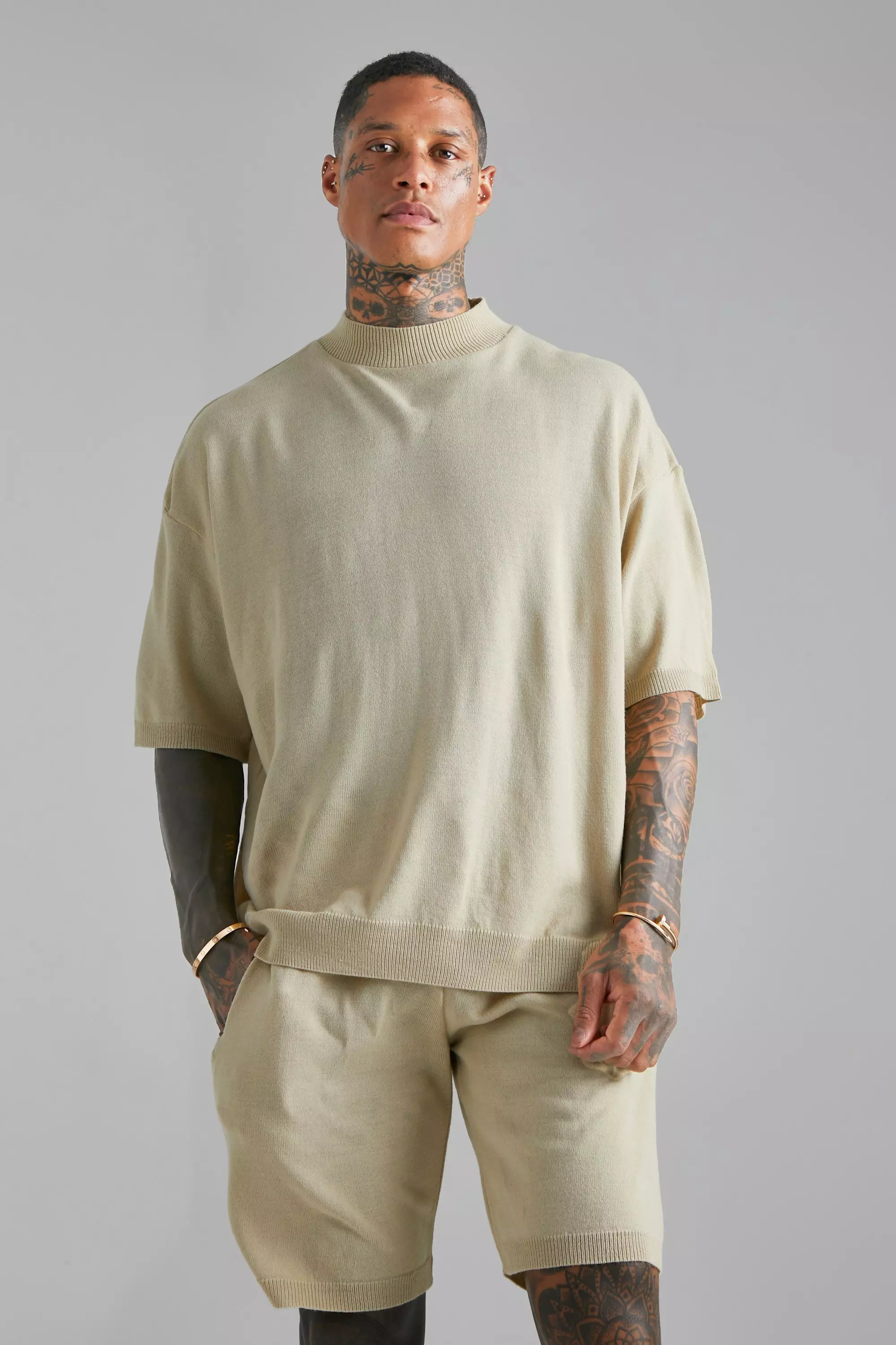 Stone Beige Extended Neck Oversized Knitted Tee And Short