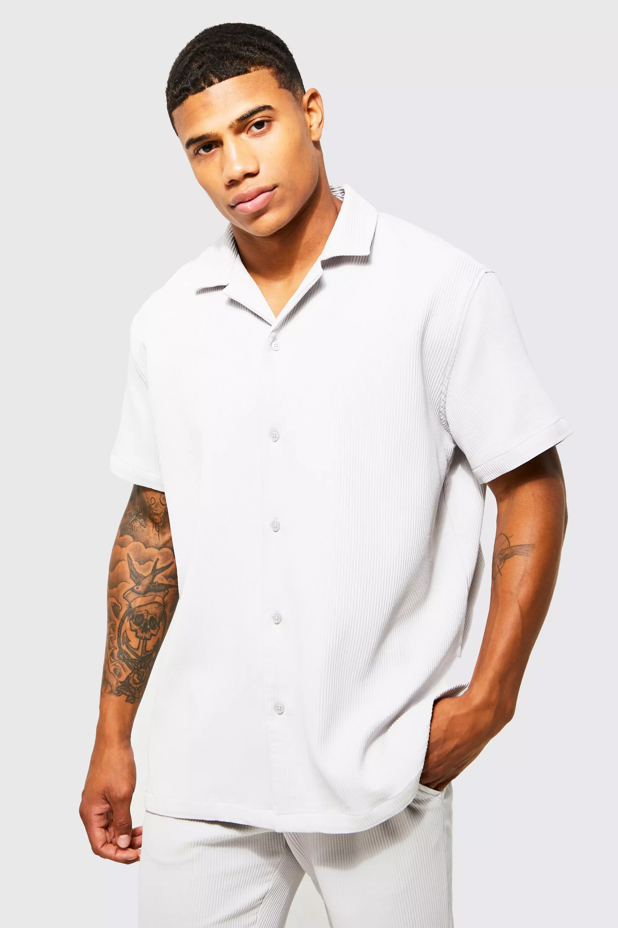 Pleated Short Sleeve Oversized Boxy Shirt Grey