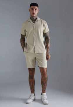 Pleated Short Sleeve Oversized Shirt And Short Set Taupe
