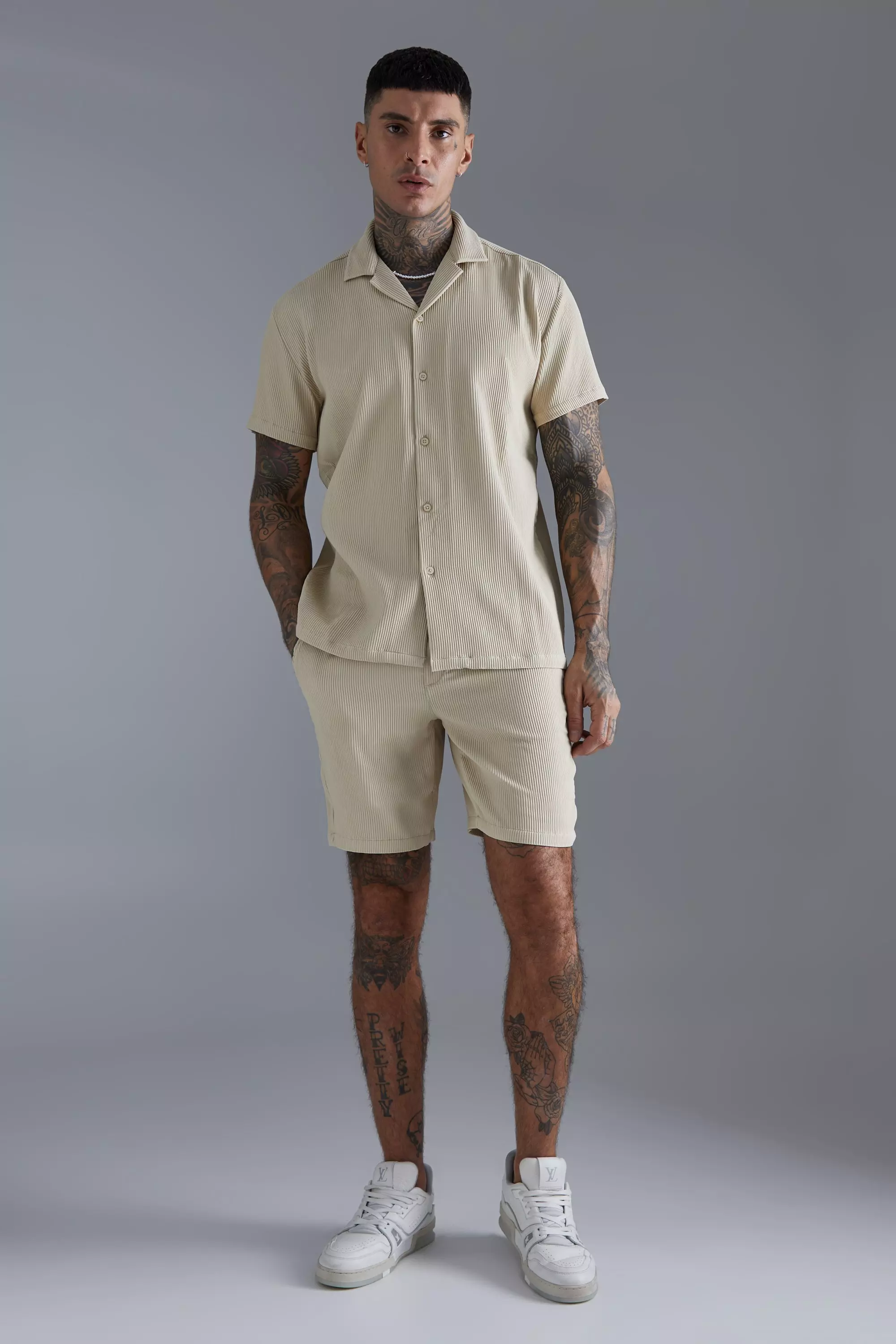 Pleated Short Sleeve Oversized Shirt And Short Set Taupe