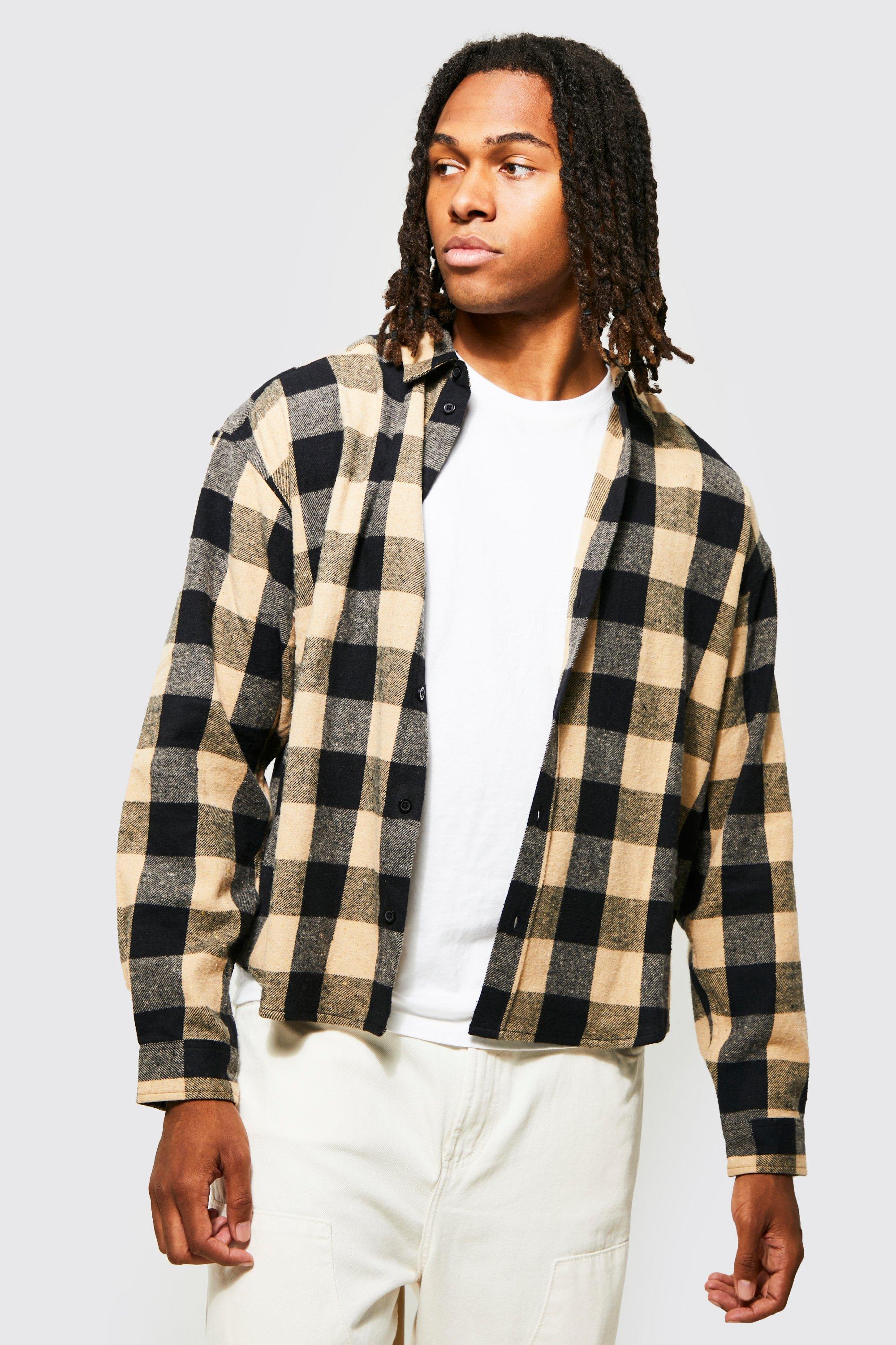 Oversized Boxy Long Sleeve Camel Check Shirt | boohooMAN USA