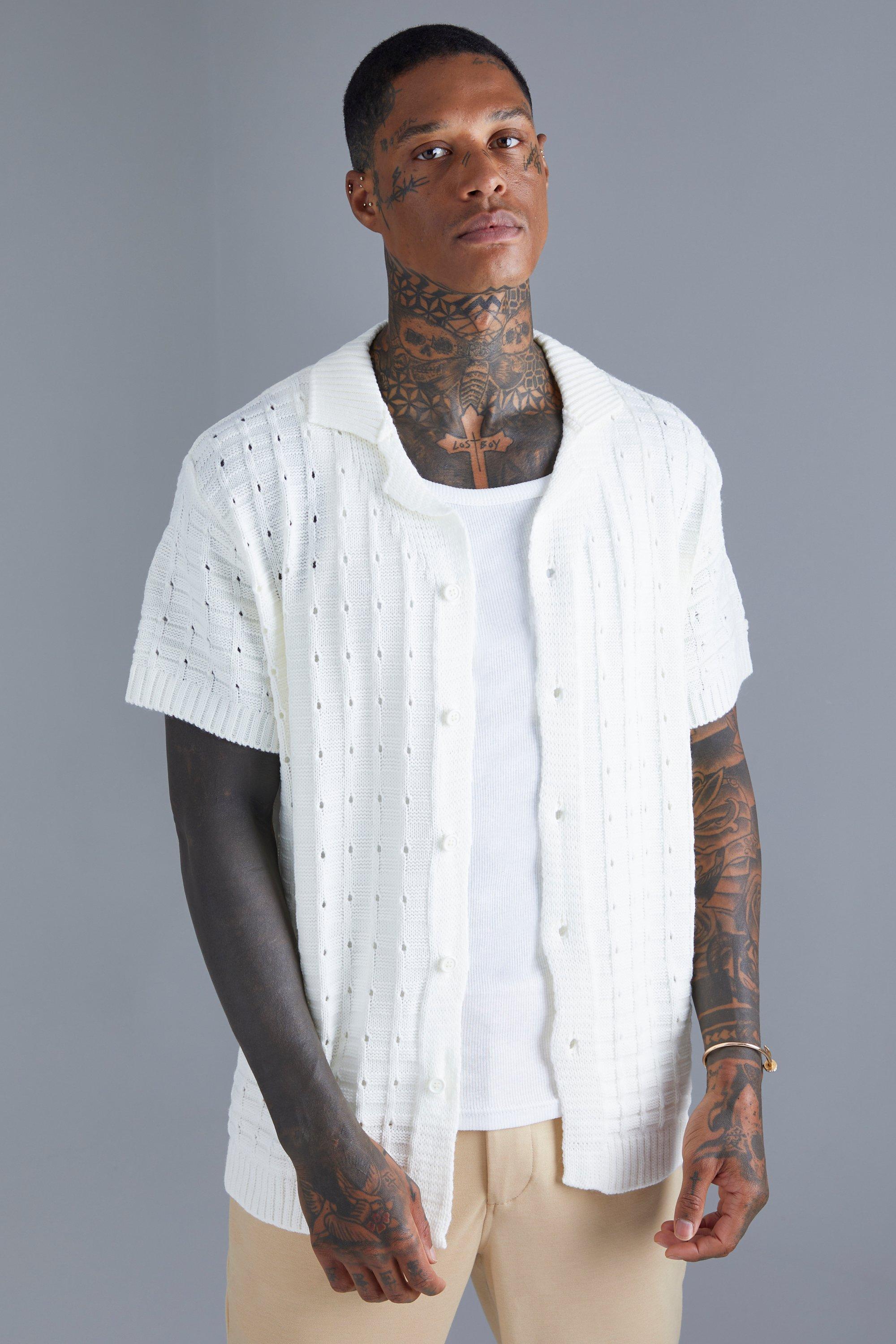 Open Stitch Button Down Knitted Shirt | boohooMAN USA