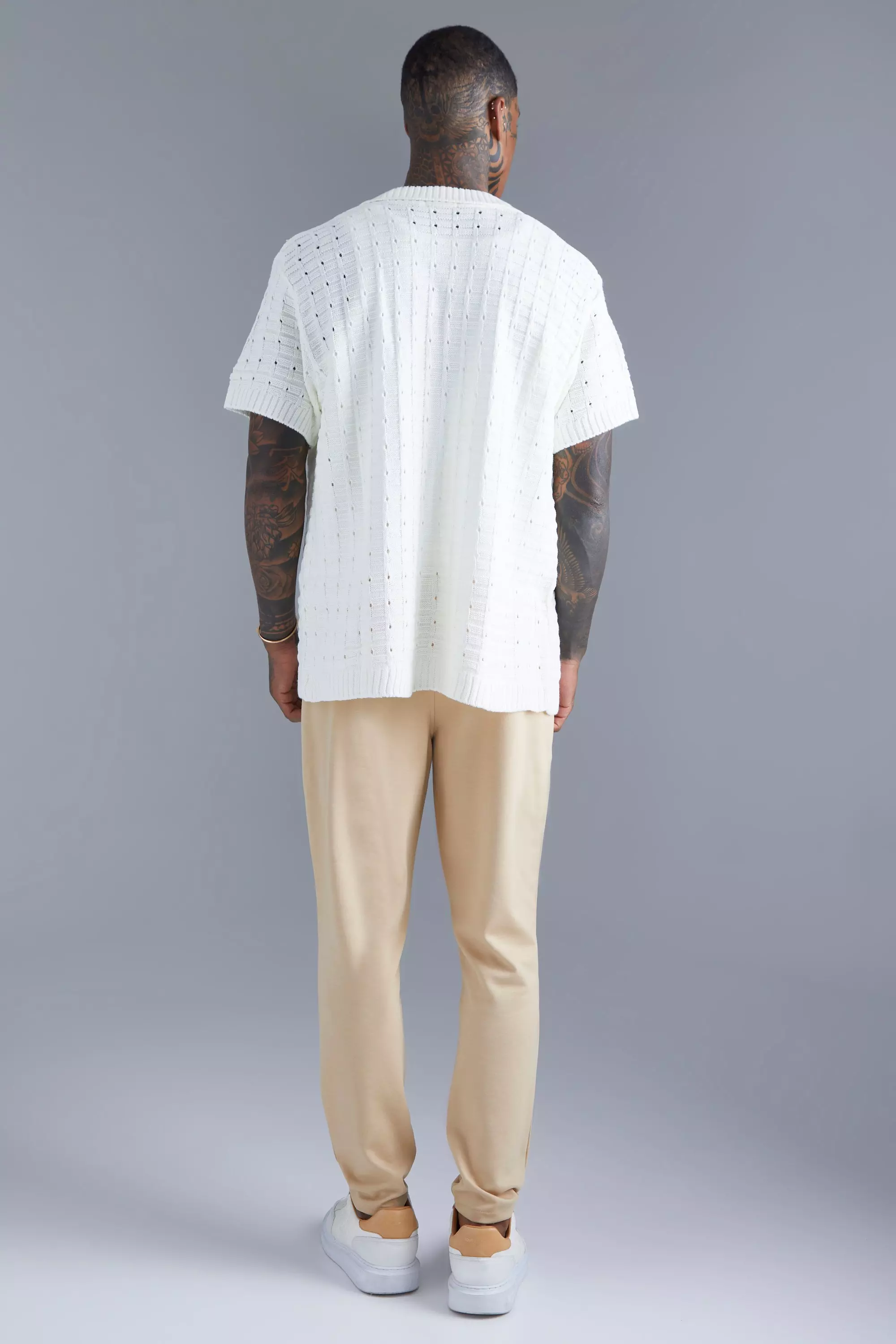 boohoo OPEN STITCH リラックス ニット シャツ STONE Oversized Boxy Fit Crochet Shirt | boohooMAN USA