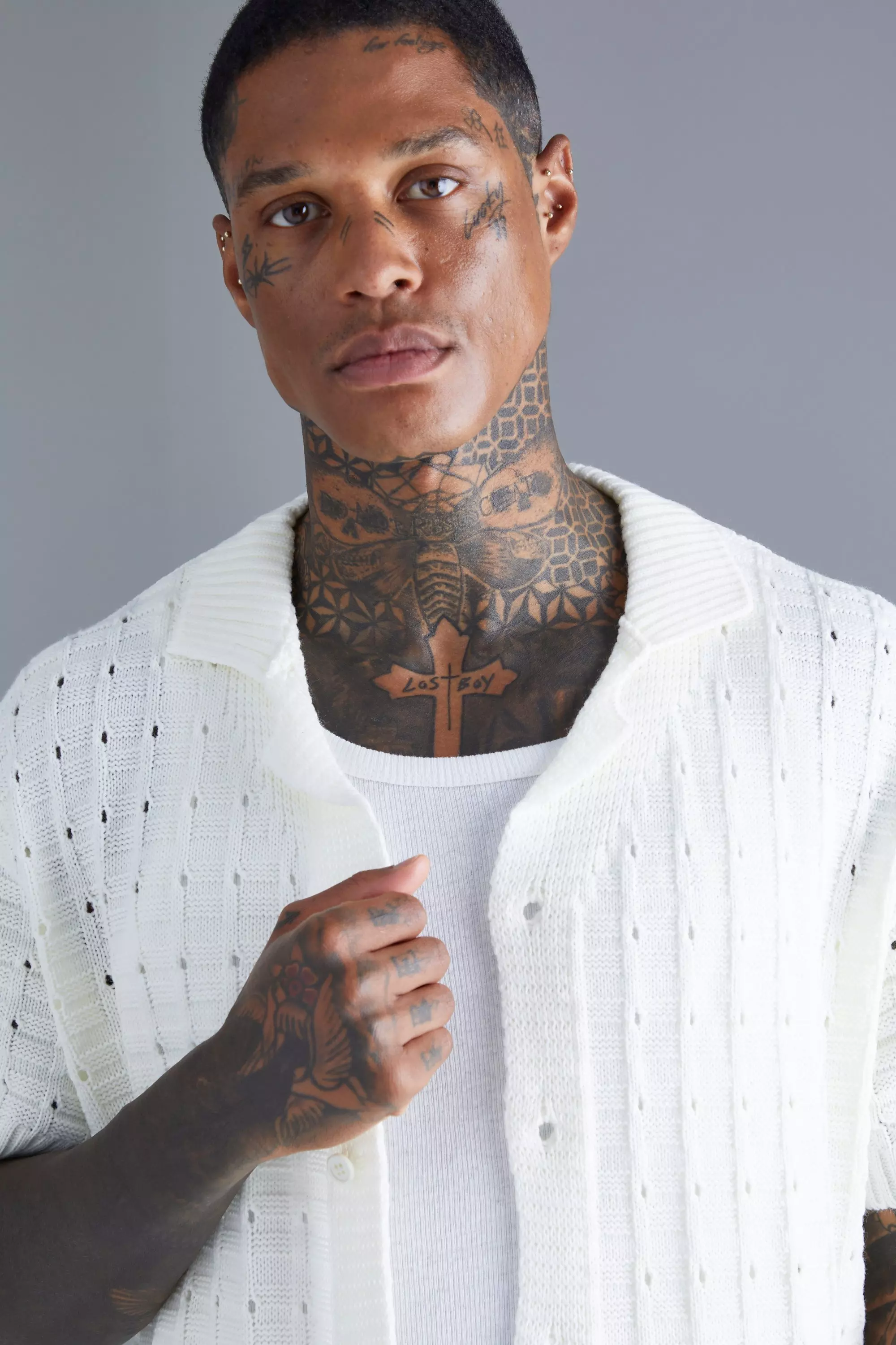 Open Stitch Button Down Knitted Shirt | boohooMAN USA