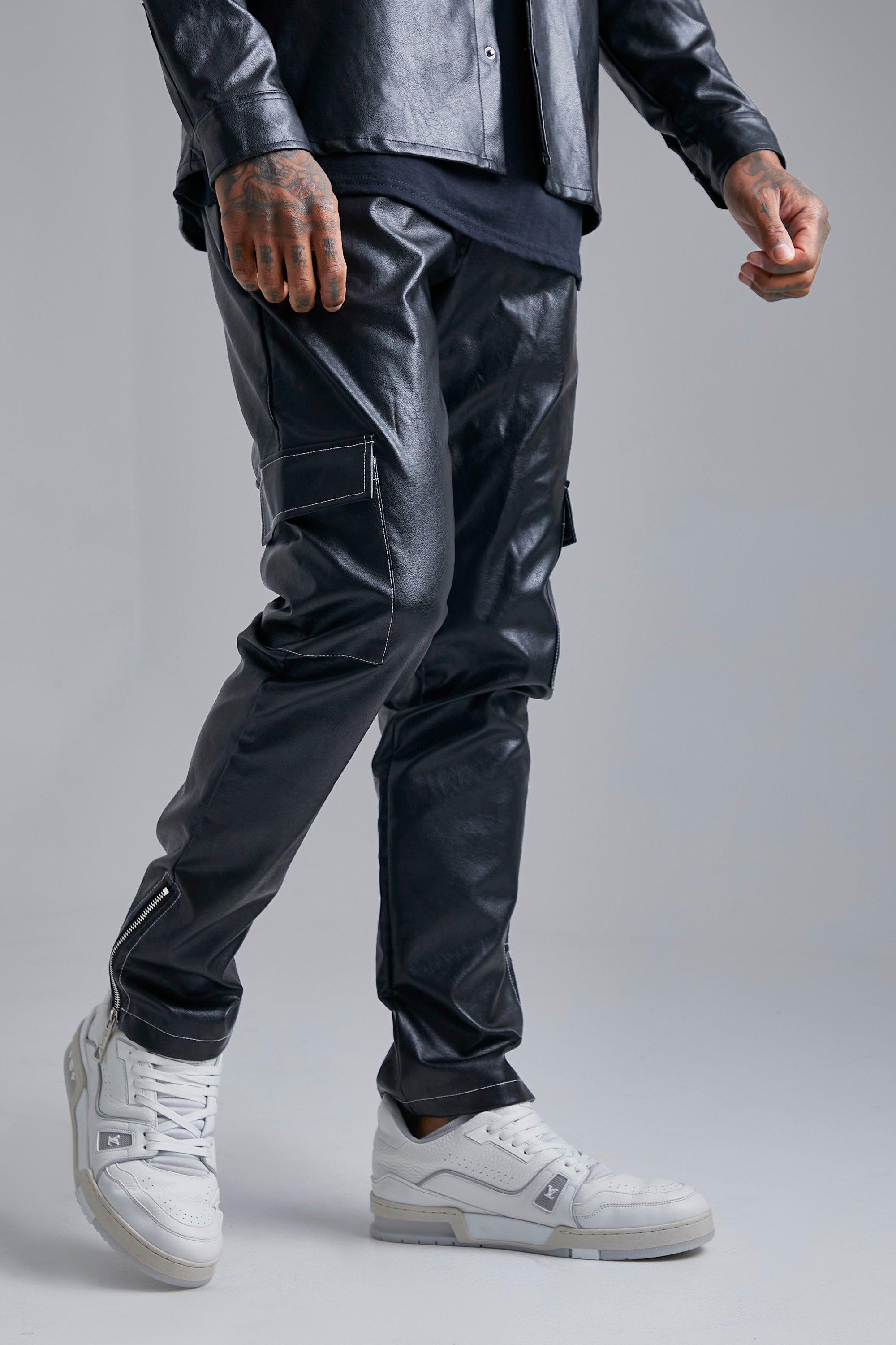 Black Contrast Stitch Pu Cargo Trousers