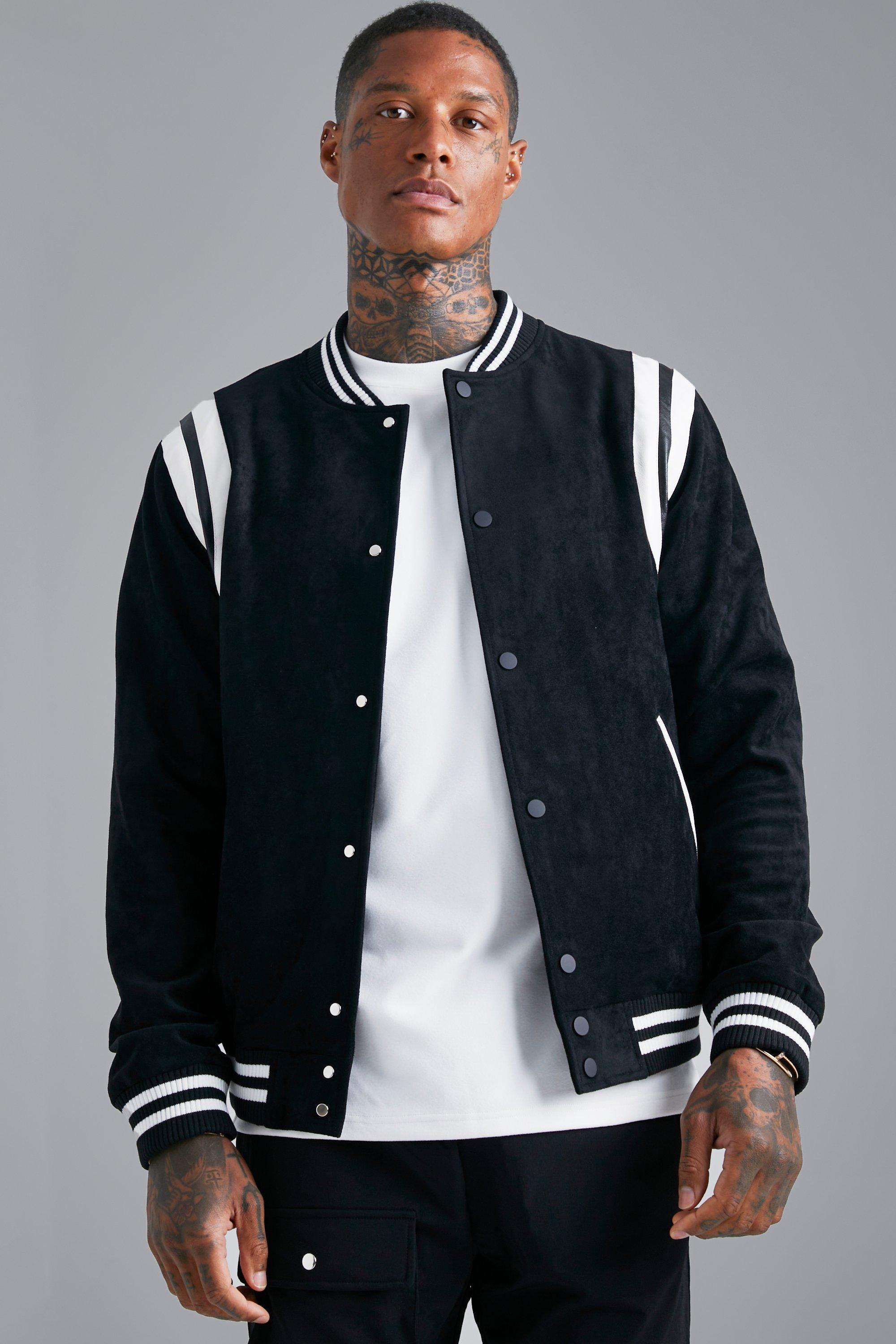 Boxy Suede Embroidered Varsity Jacket | boohooMAN USA