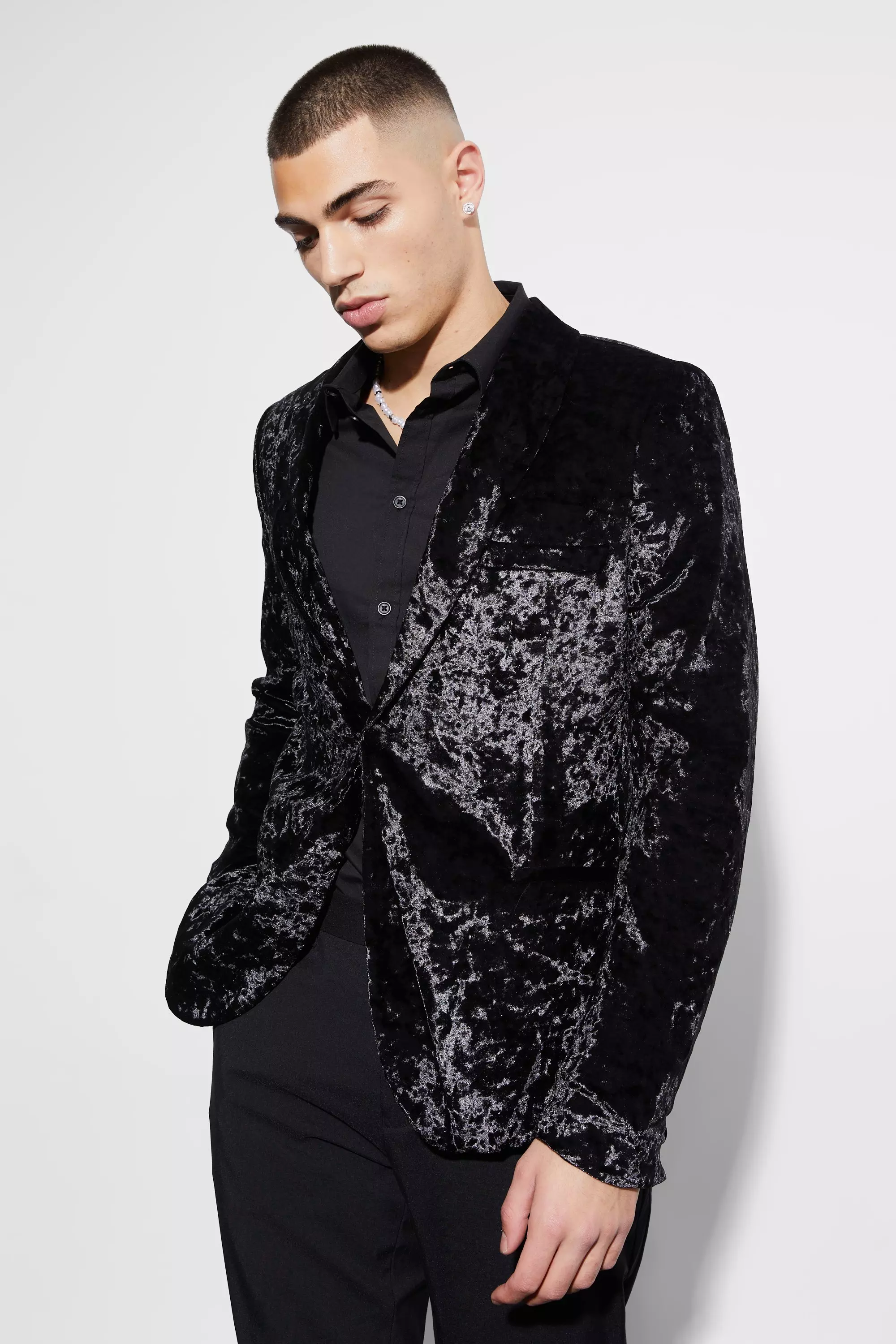 Skinny Crushed Velvet Blazer Black