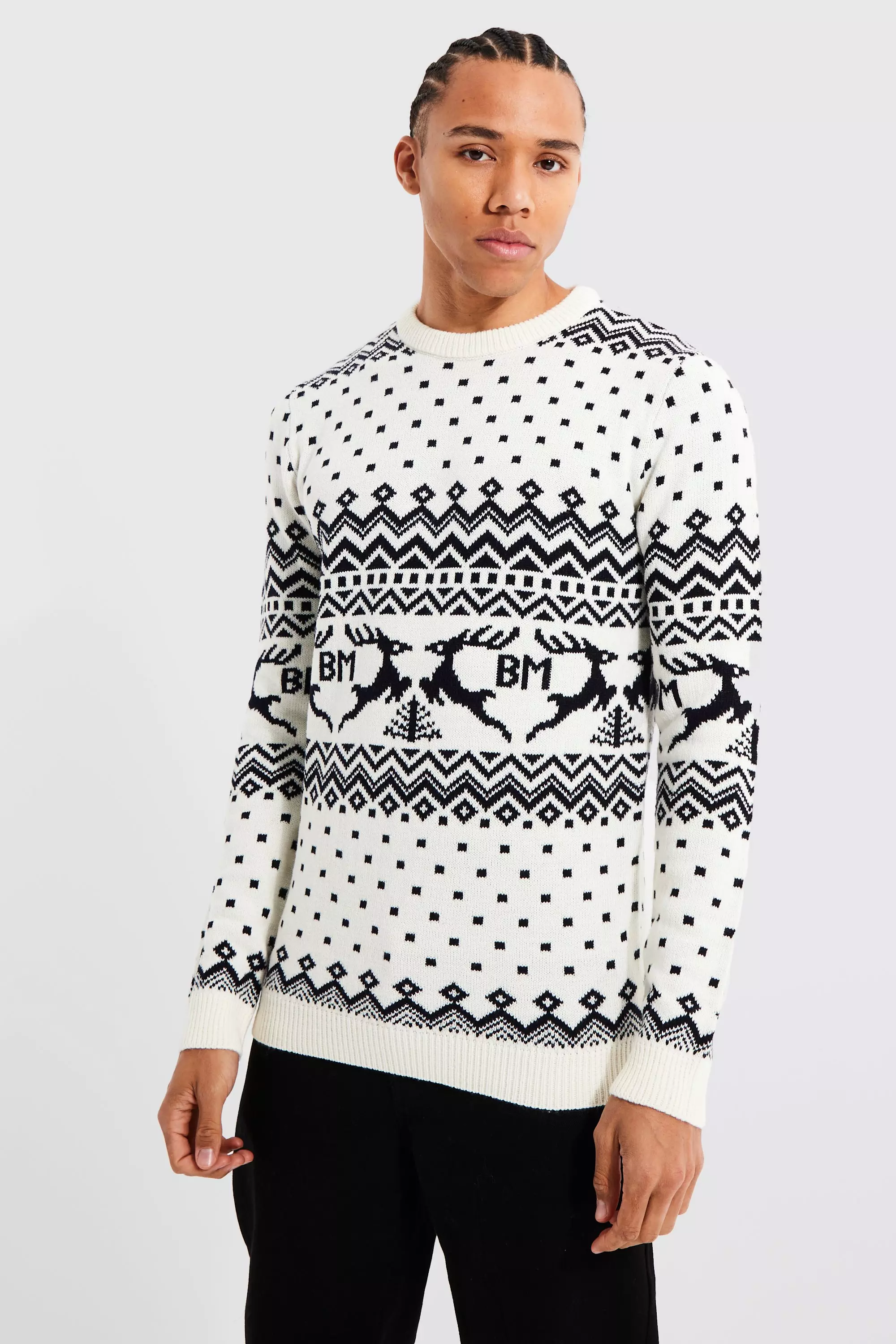White Tall Bm Reindeer Christmas Sweater