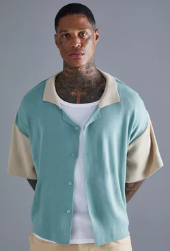 Sage Green Contrast Sleeve Knitted Shirt