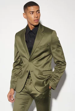 Skinny Satin Suit Jacket Olive