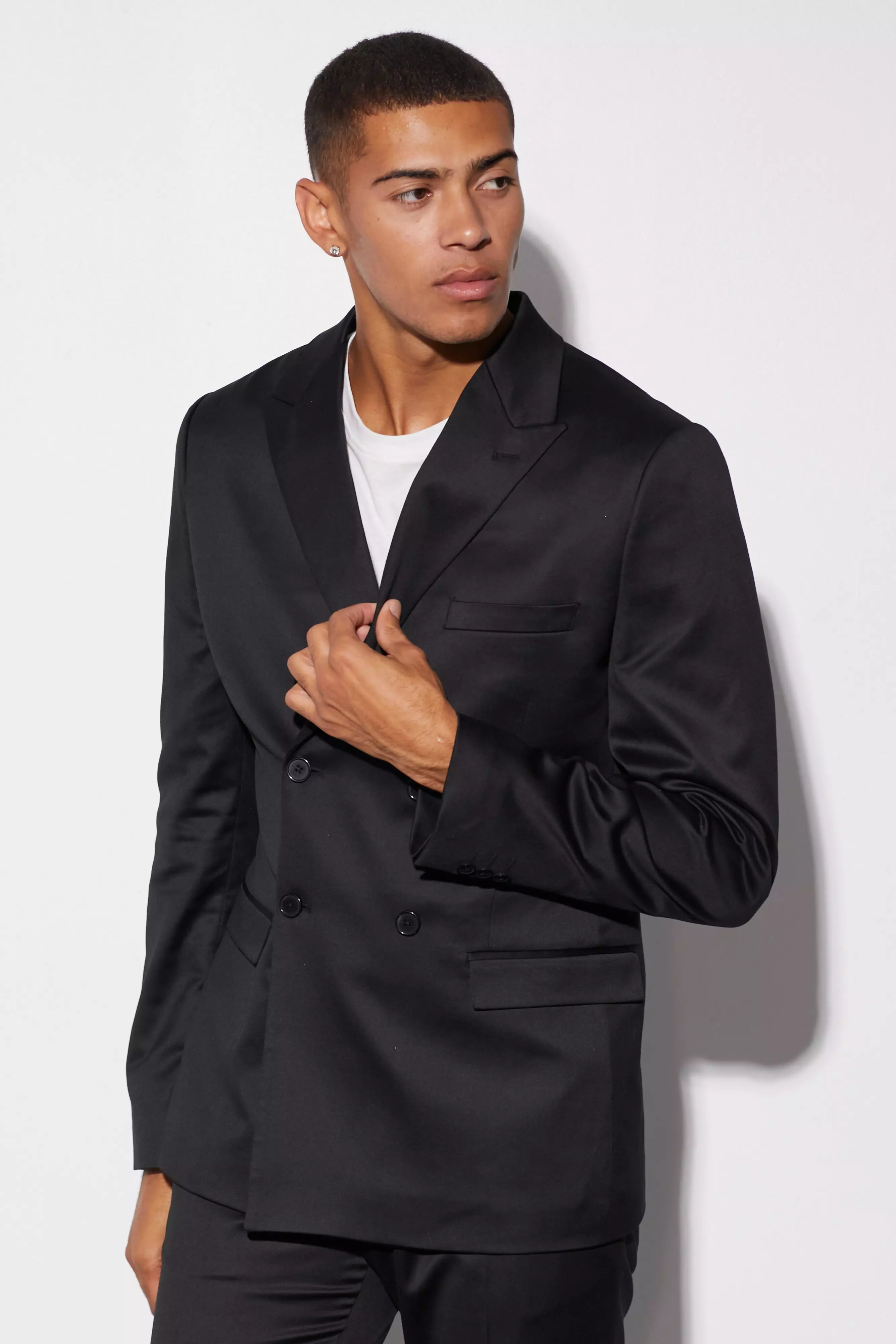 Slim Double Breasted Satin Suit Jacket Black