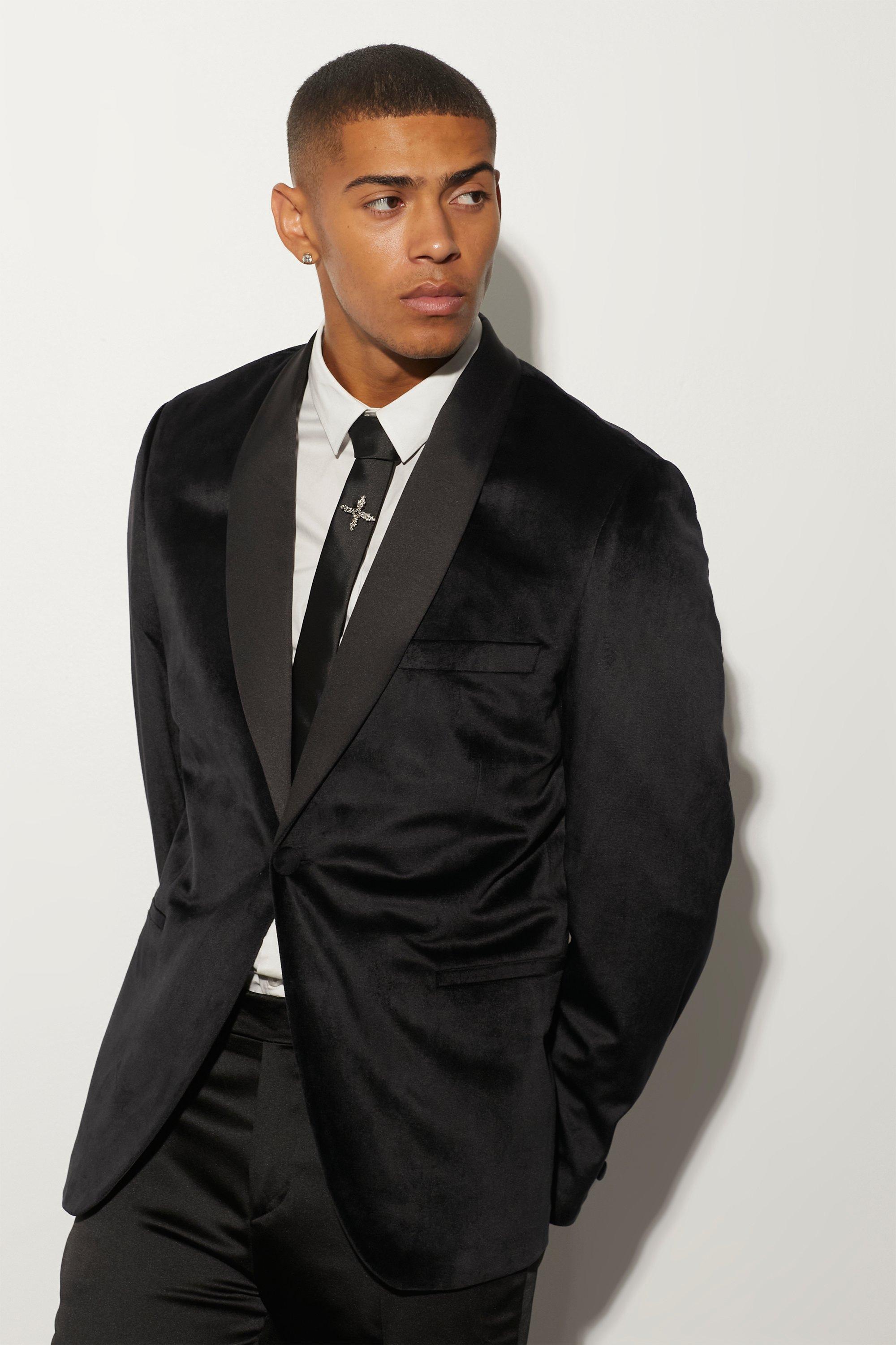 Black Relaxed Velour Satin Lapel Suit Jacket