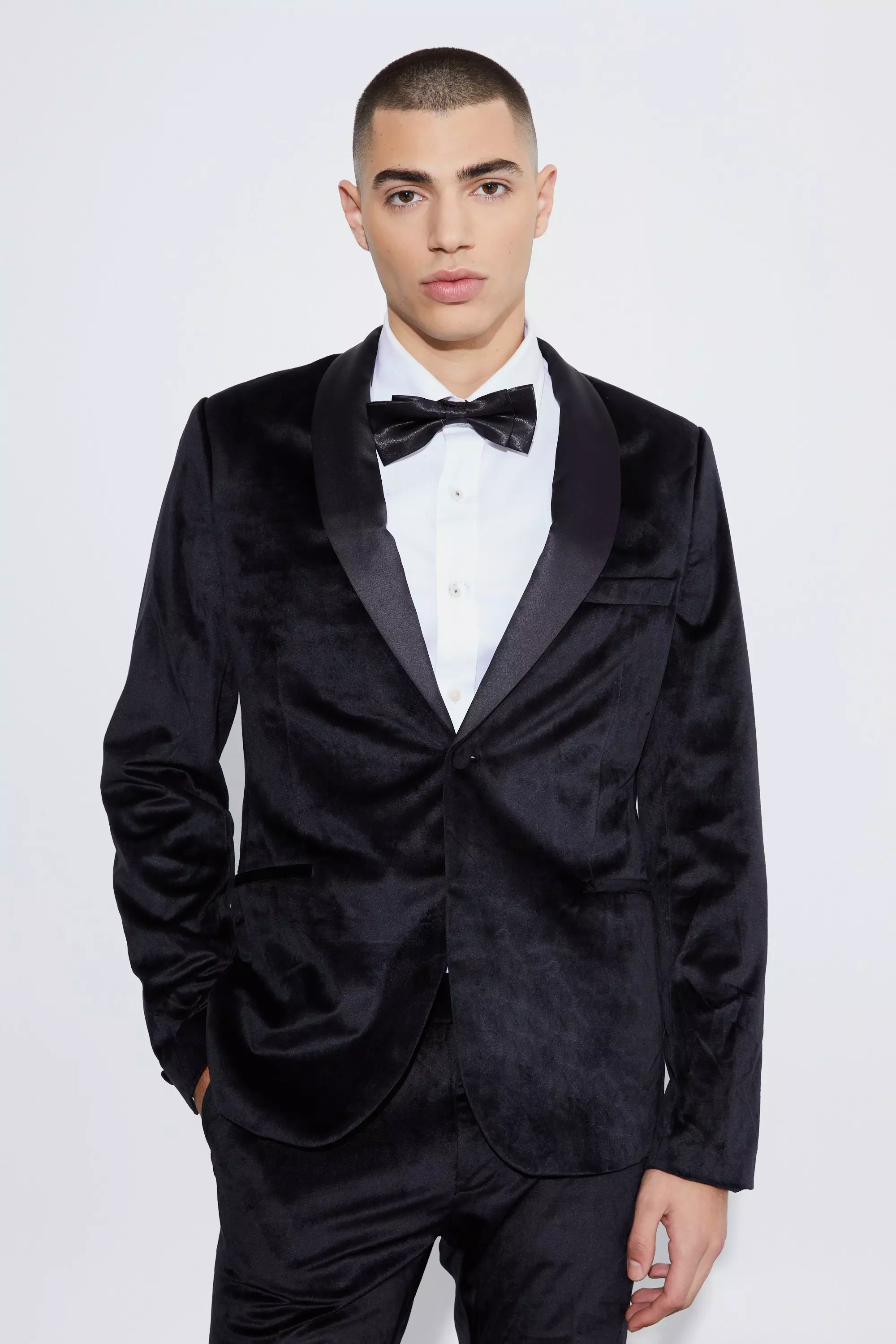 Slim Velvet and Satin Lapel Suit Jacket Black