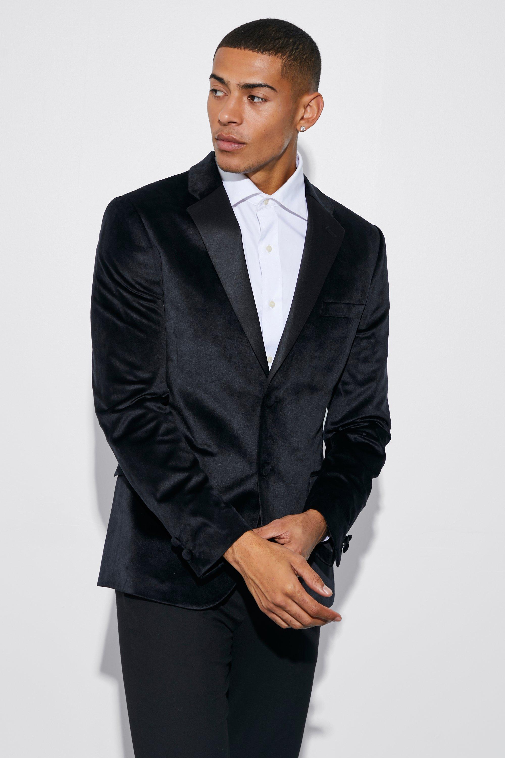 Black Skinny Velour Satin Lapel Suit Jacket