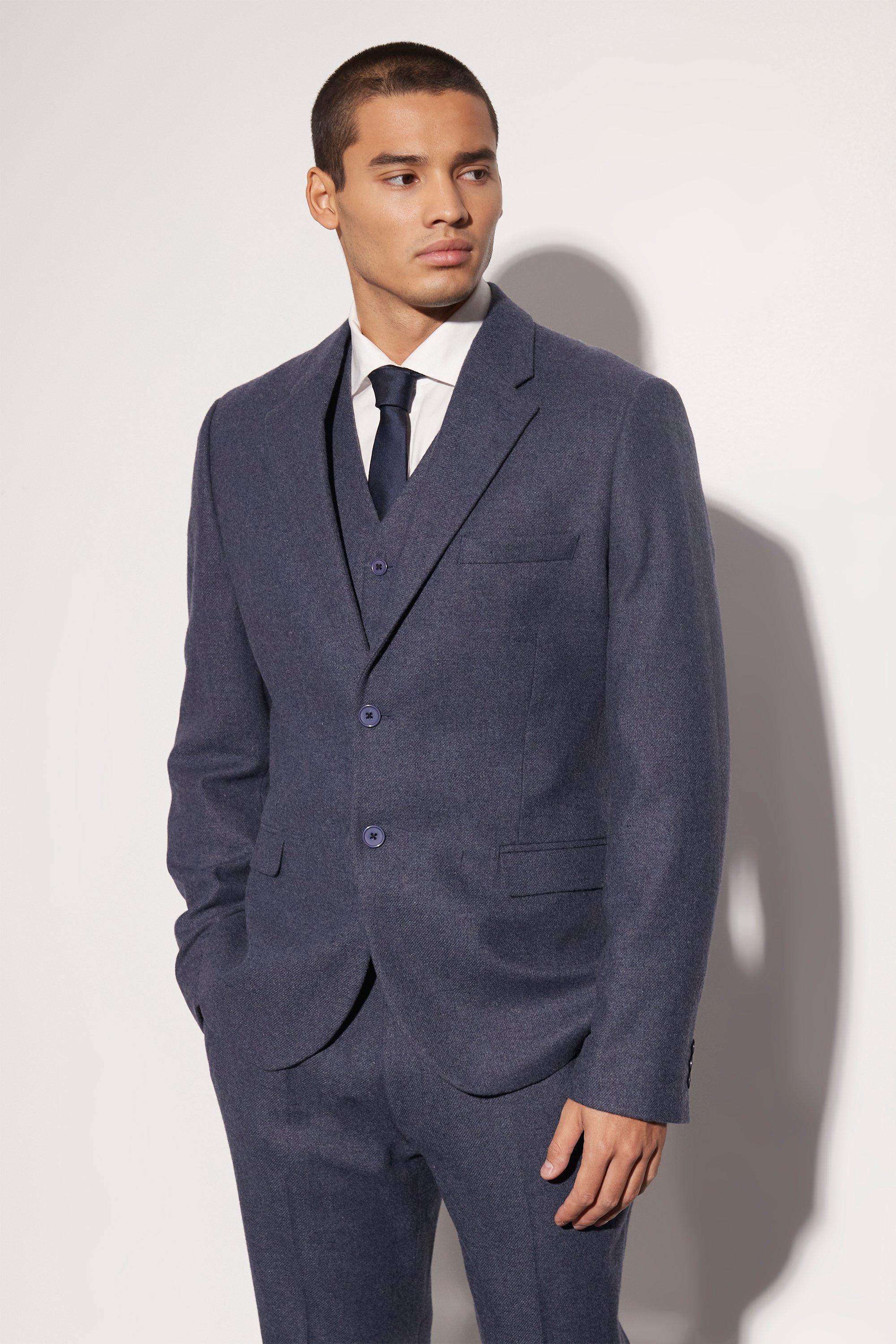 Navy Slim Wool Tweed Single Breasted Suit Jacket