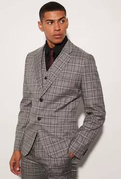 Skinny Check Suit Jacket Grey