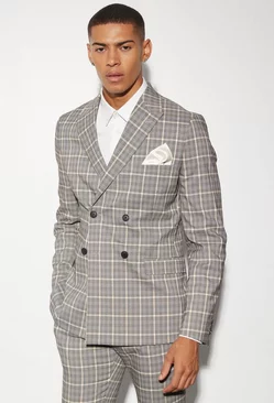 Skinny Double Breasted Check Suit Jacket Black