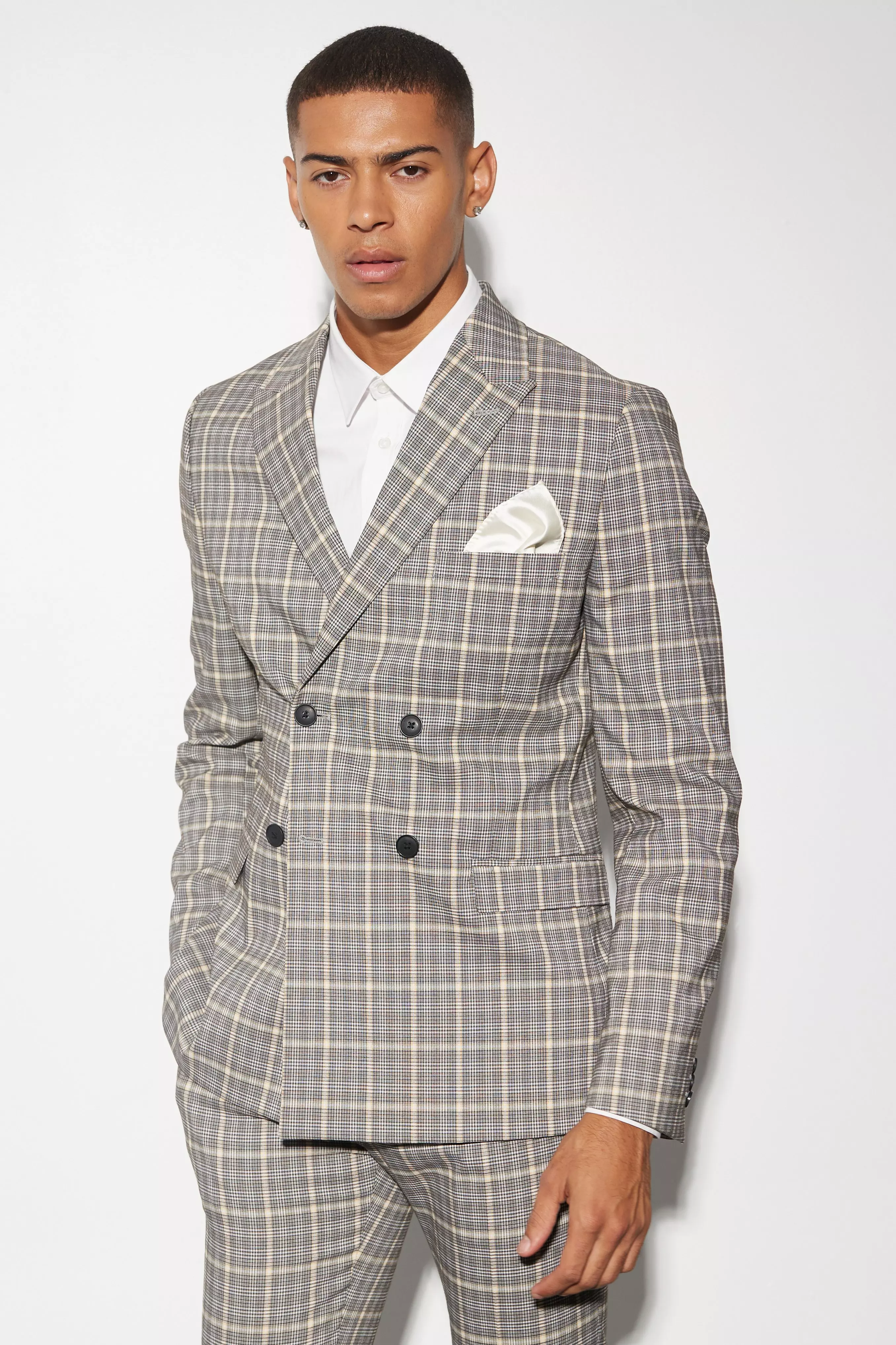 Skinny Double Breasted Check Suit Jacket Black