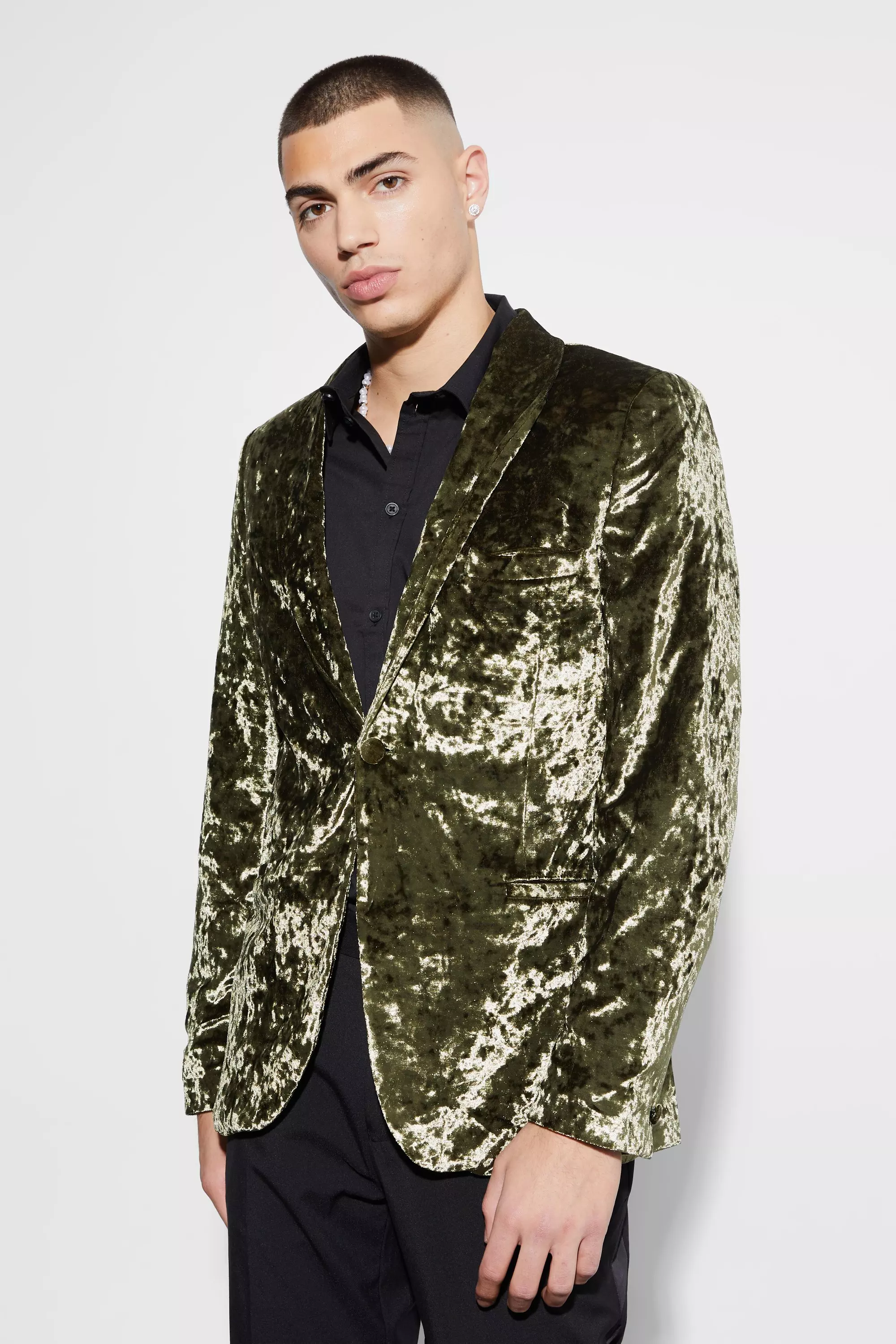 Skinny Crushed Velvet Blazer Khaki