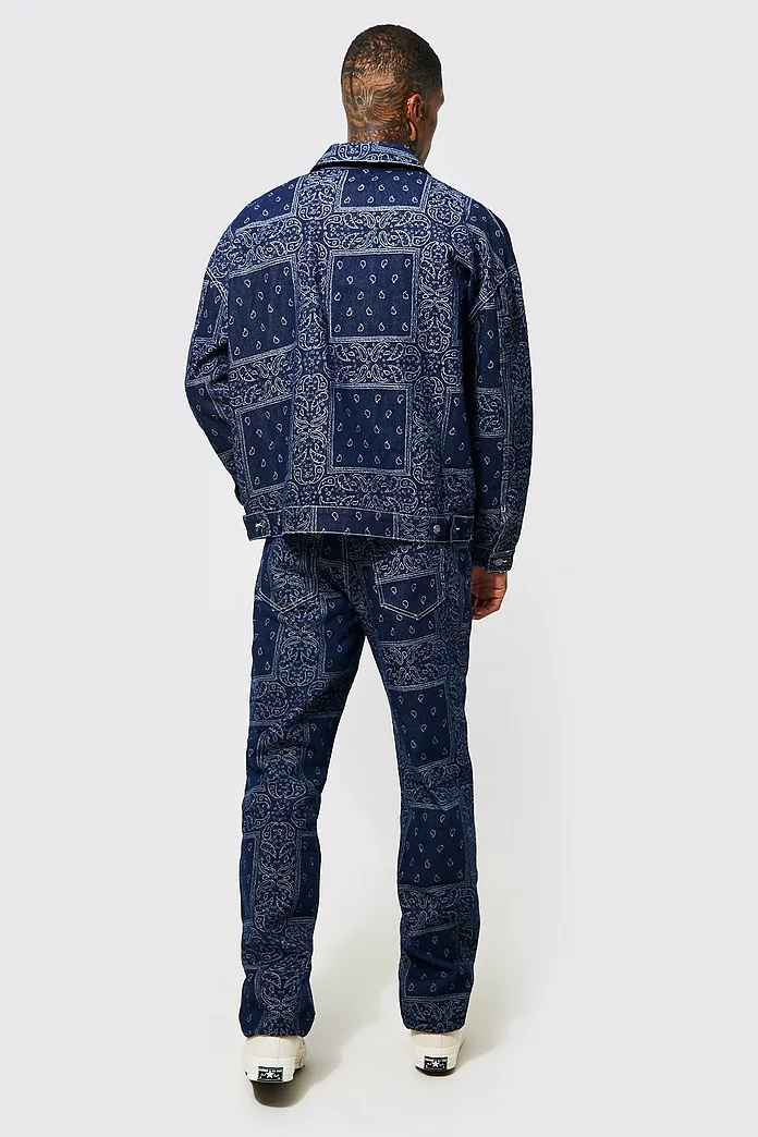 Oversized Bandana Jacquard Denim Jacket | boohooMAN USA Oversized Bandana Jacquard Denim Jacket | boohooMAN USA