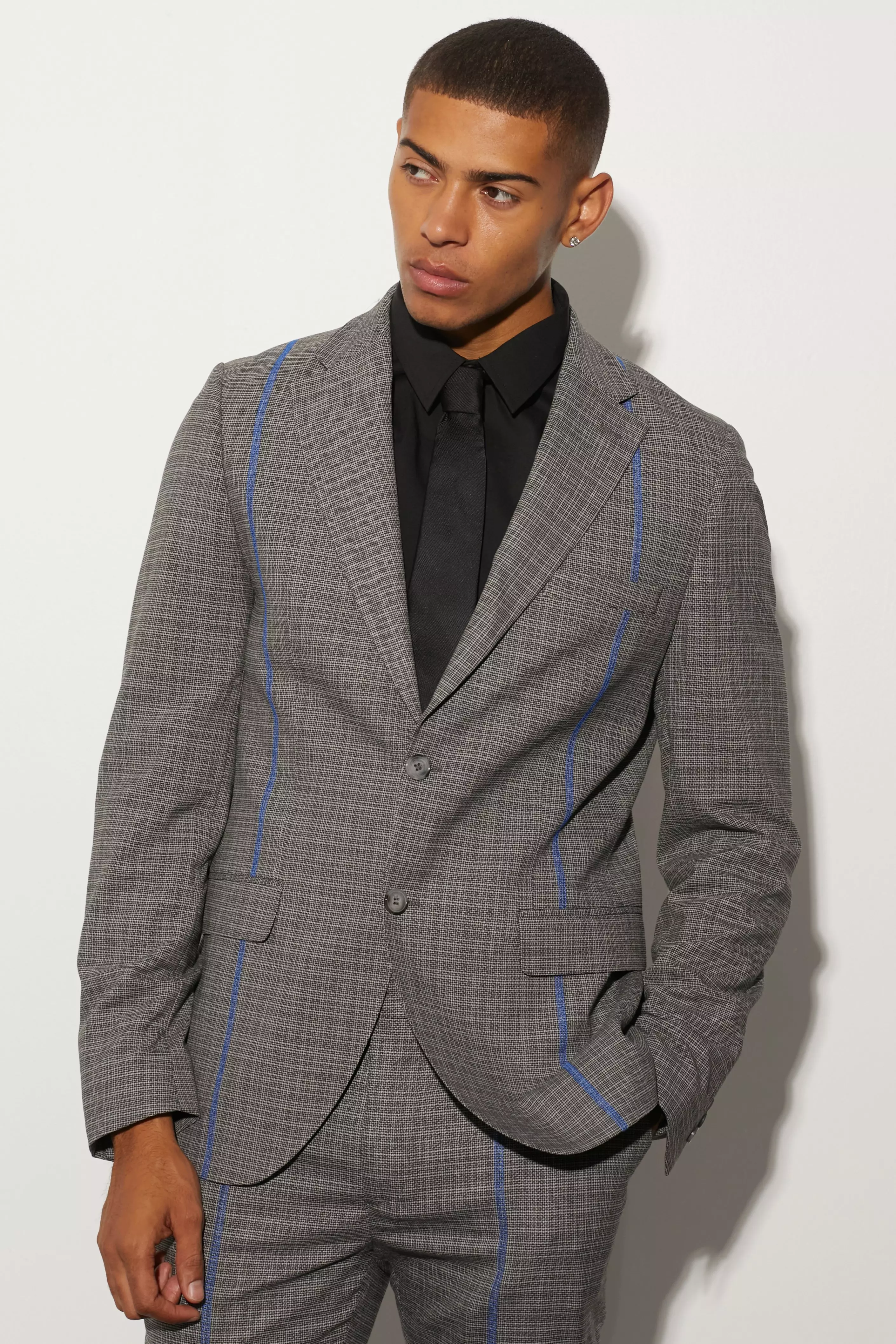 Slim Fit Plaid Contrast Stitch Suit Jacket Black