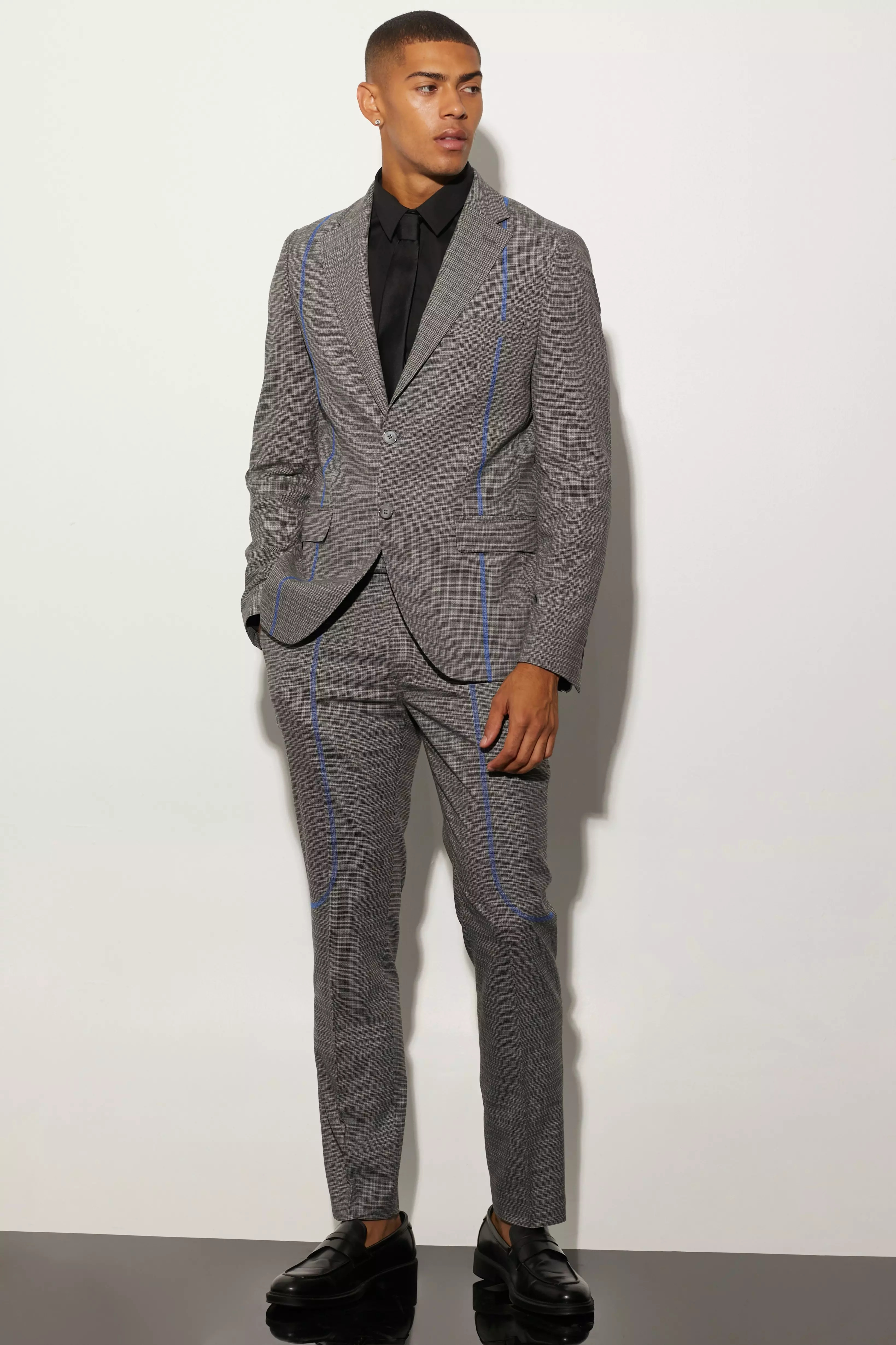Black Slim Fit Check Contrast Stitch Suit Jacket alternative image