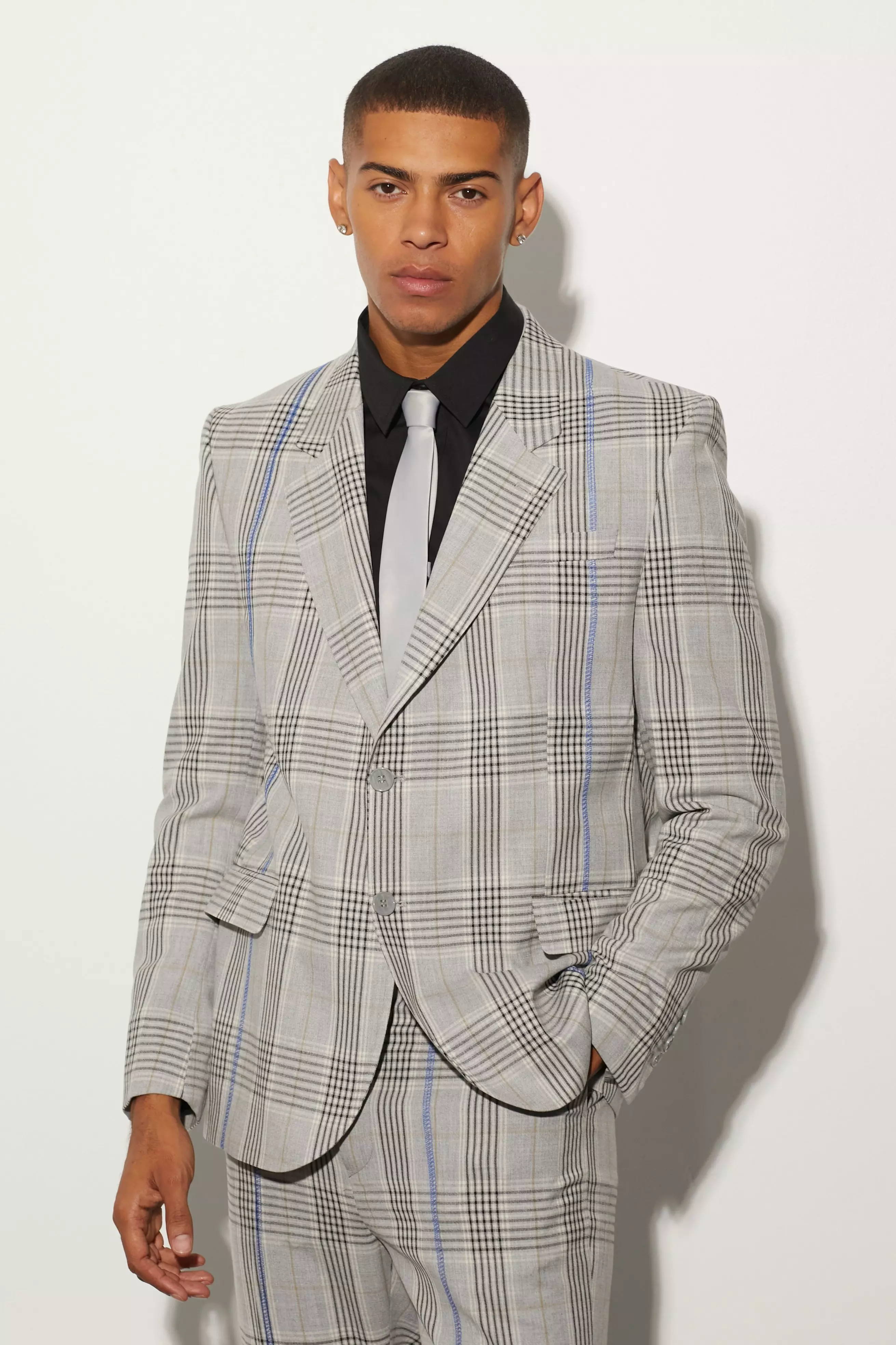 Oversized Boxy Check Contrast Stitch Jacket Grey