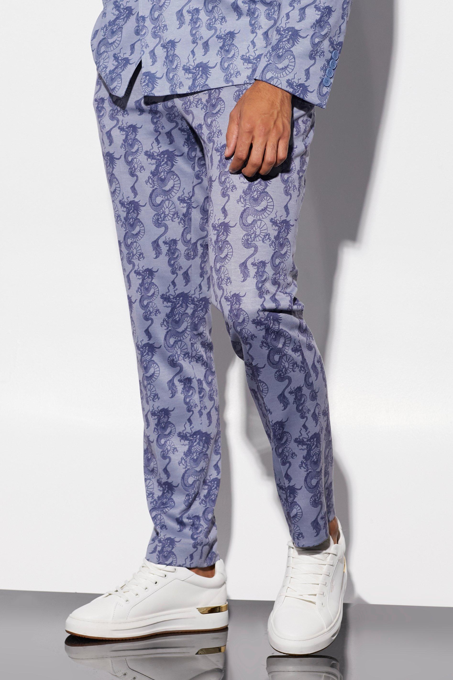 Ice blue Slim Fit Dragon Printed Suit Trousers