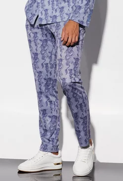 Blue Slim Fit Dragon Printed Dress Pants