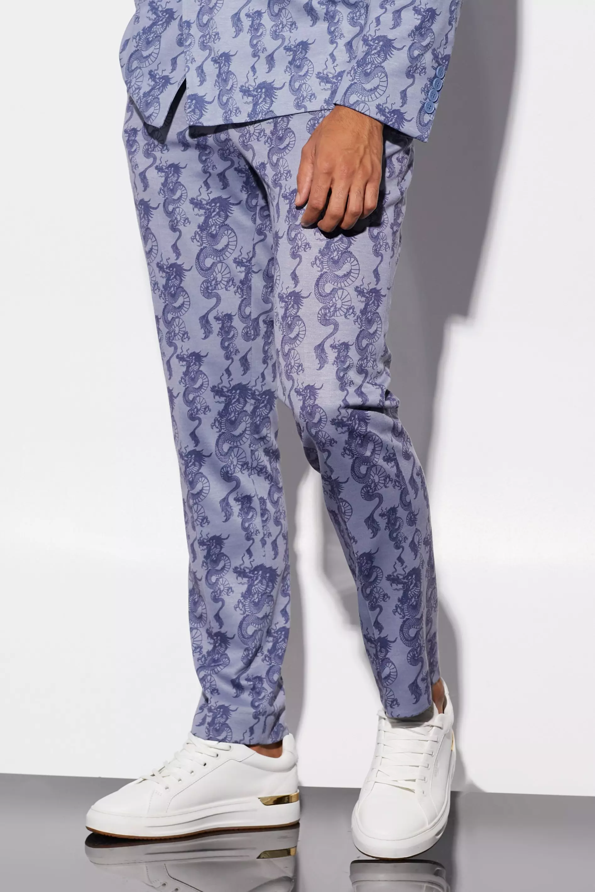 Blue Slim Fit Dragon Printed Dress Pants