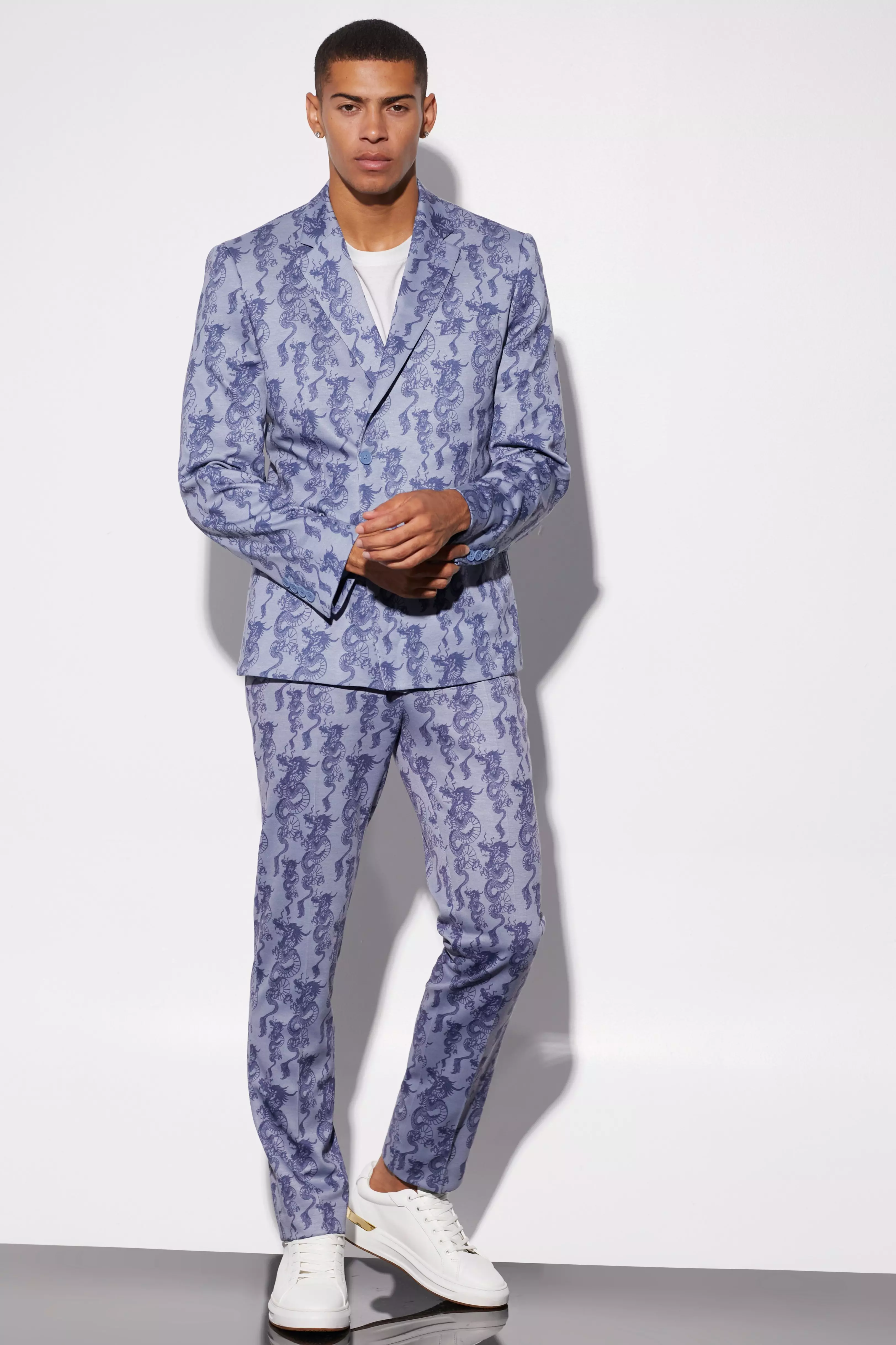 Ice blue Slim Fit Dragon Pantalons Met Print alternatieve afbeelding