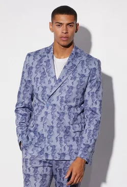 Slim Fit Wrap Dragon Printed Suit Jacket ice blue