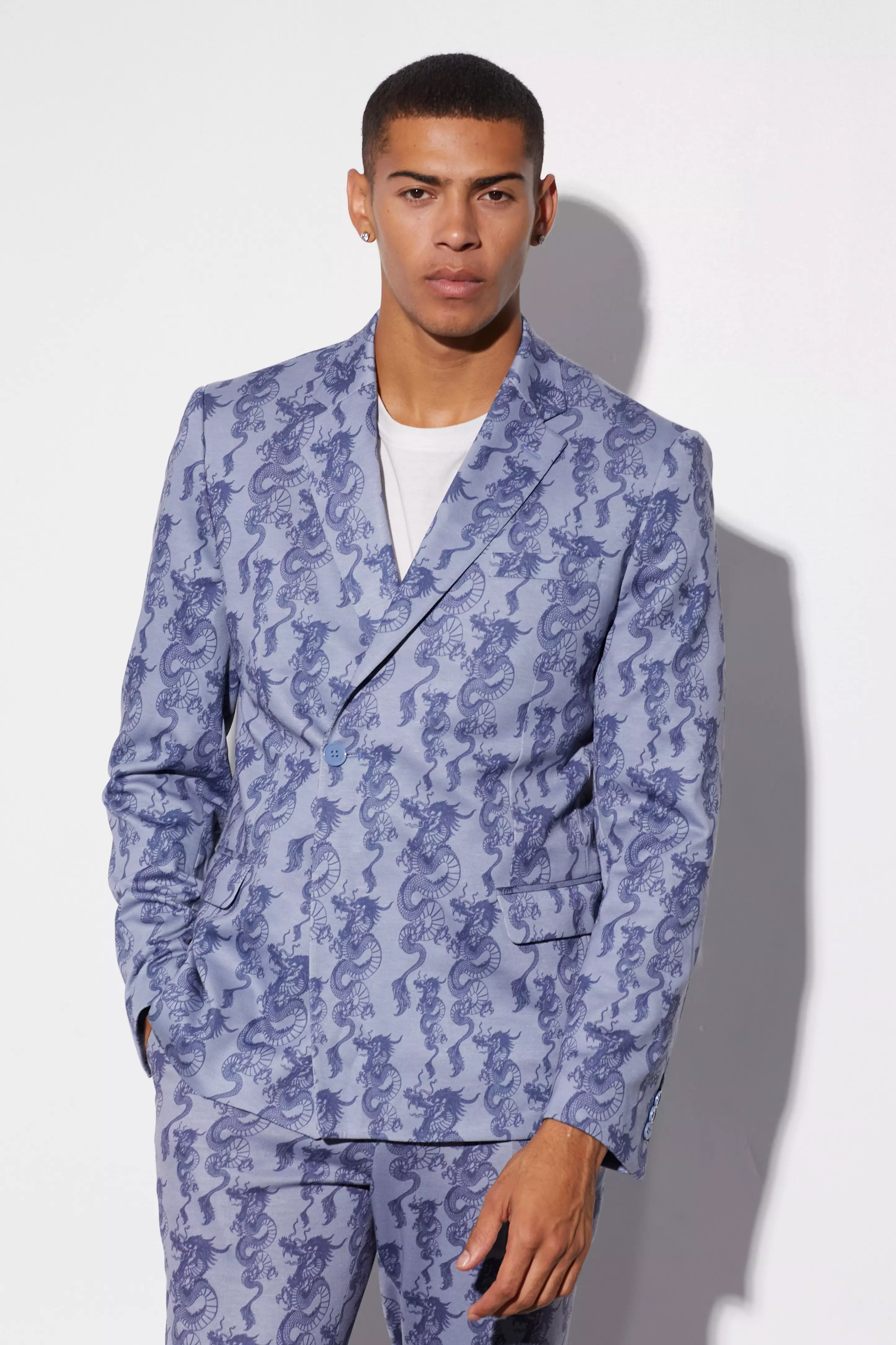 Slim Fit Wrap Dragon Printed Suit Jacket Ice blue