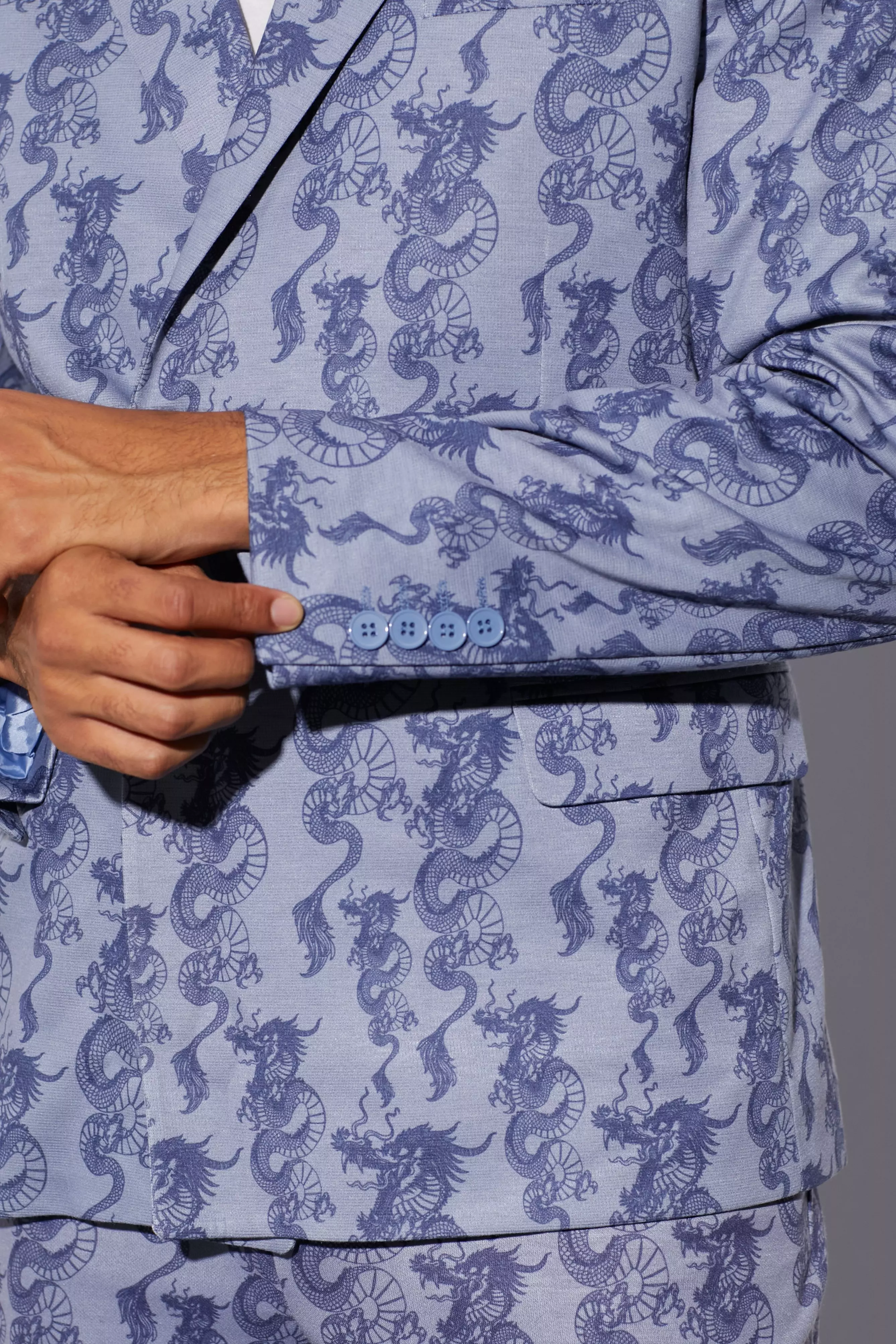 Ice blue Slim Fit Wrap Dragon Printed Suit Jacket alternative image