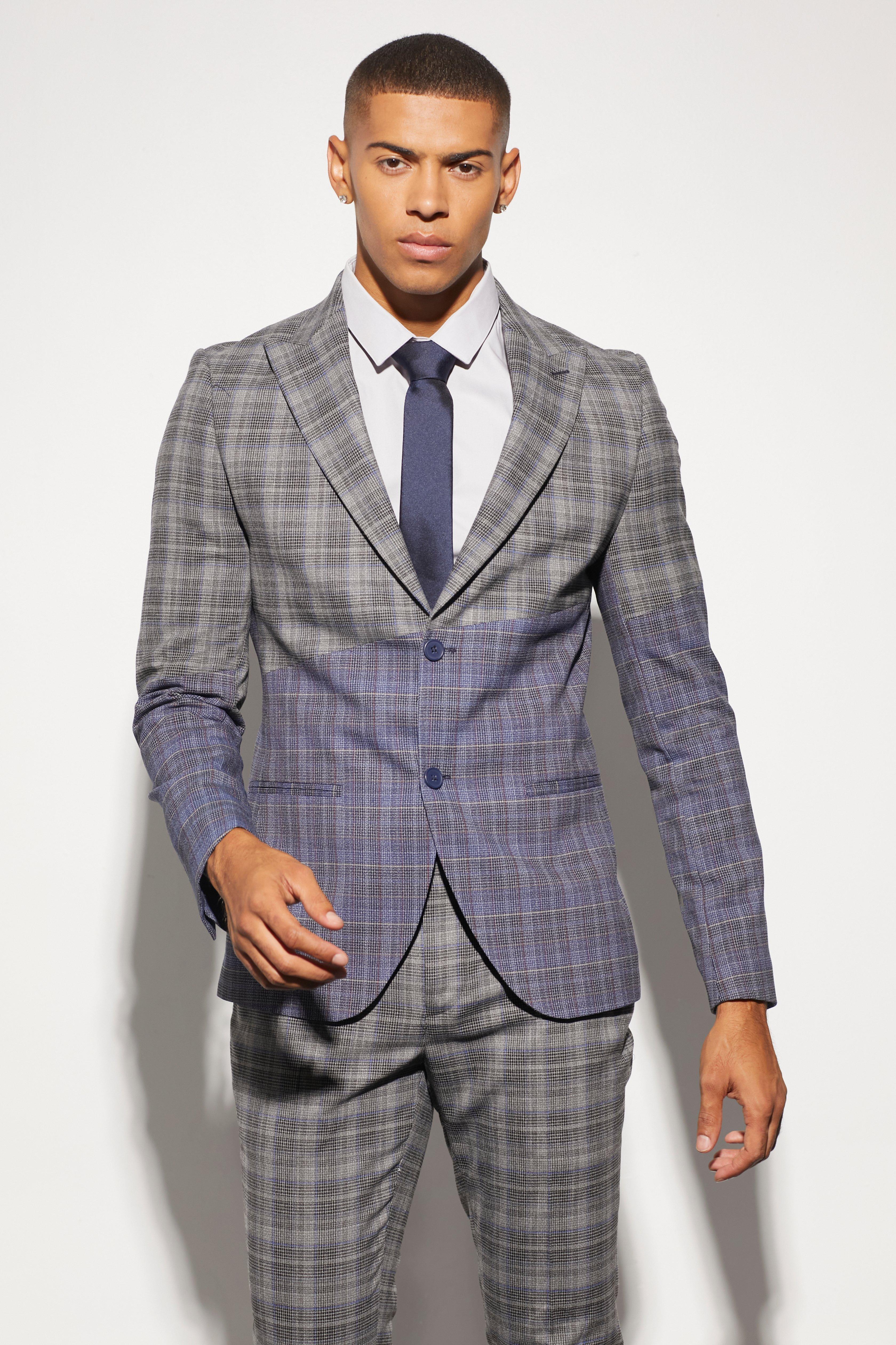 Skinny Diagonal Spliced Check Suit Jacket