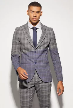 Grey Skinny Diagonal Spliced Check Suit Jacket
