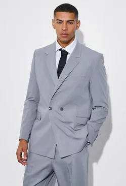Grey Relaxed Fit Double Breasted Suit Jacket