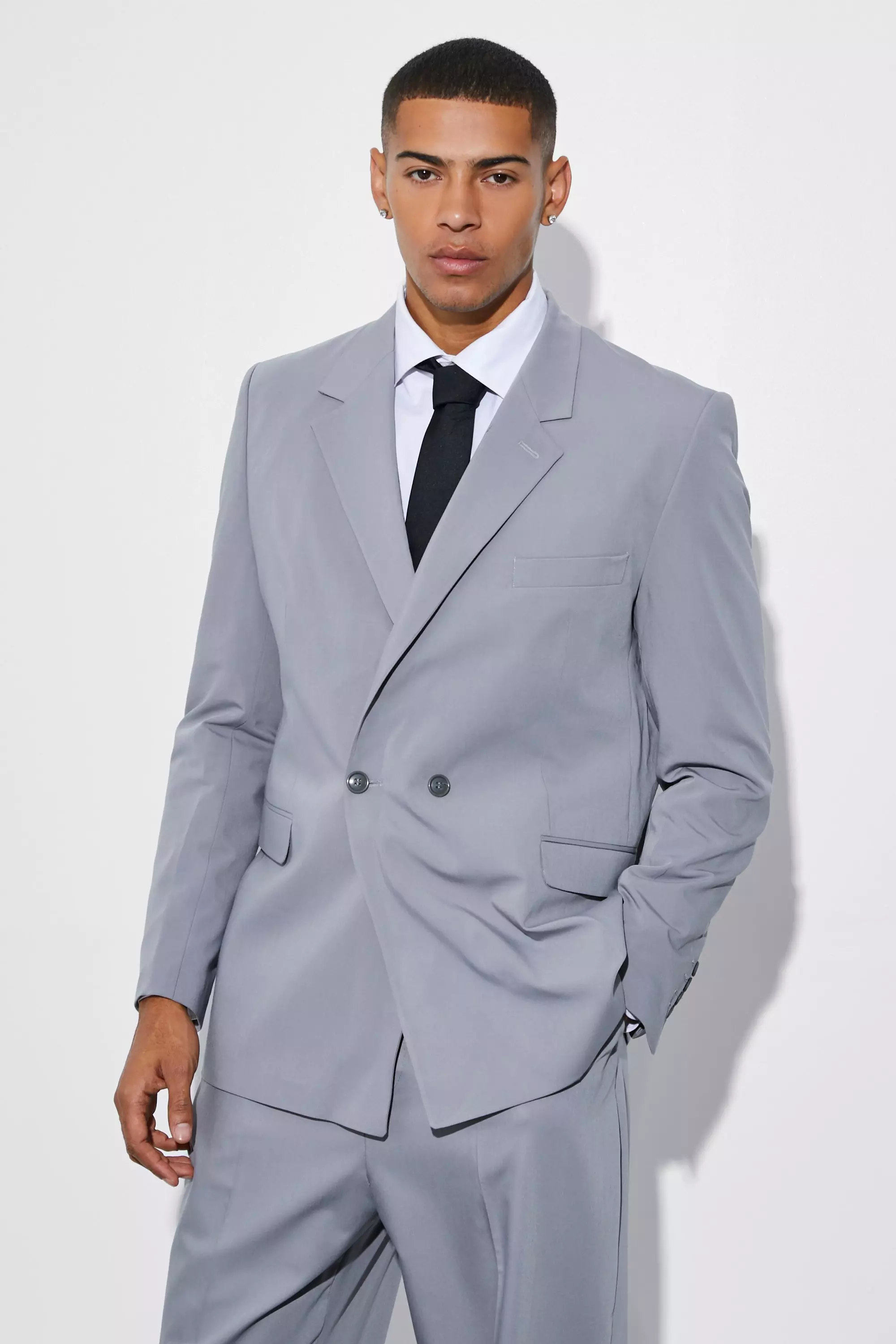 Relaxed Fit Double Breasted Suit Jacket Grey