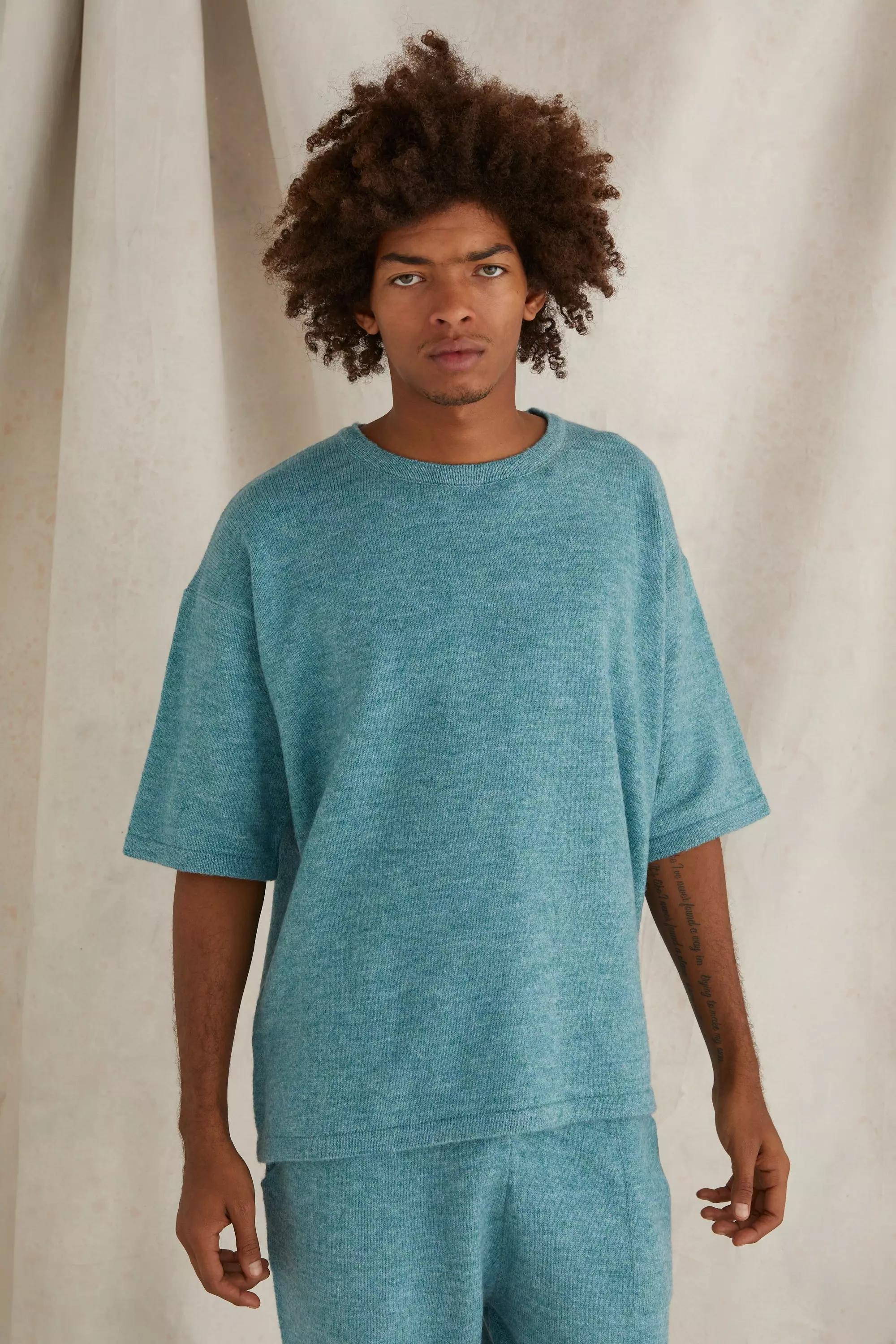 Blue Oversized Brushed Knitted T-shirt