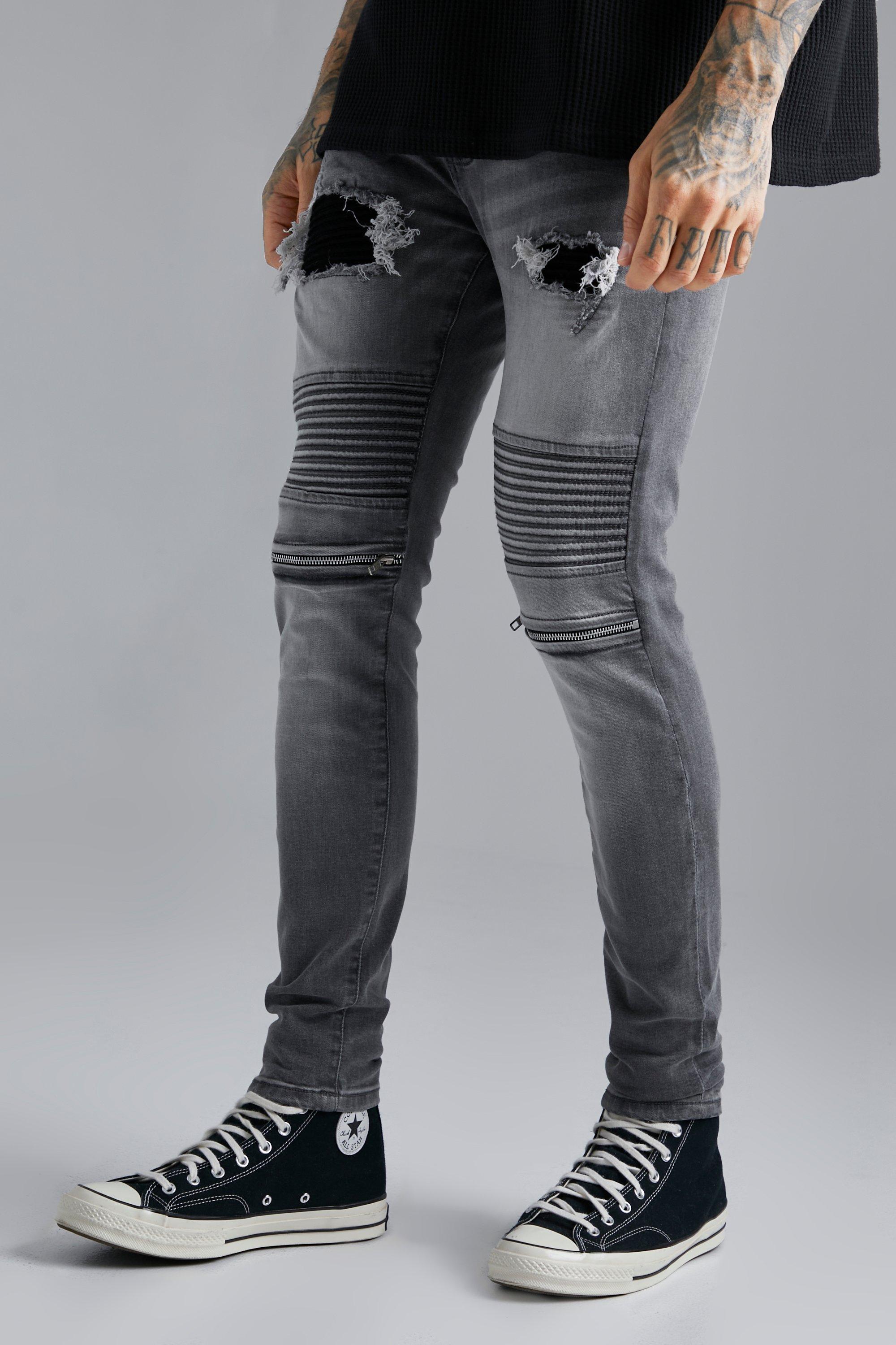 Skinny Biker Jeans Zips | boohooMAN