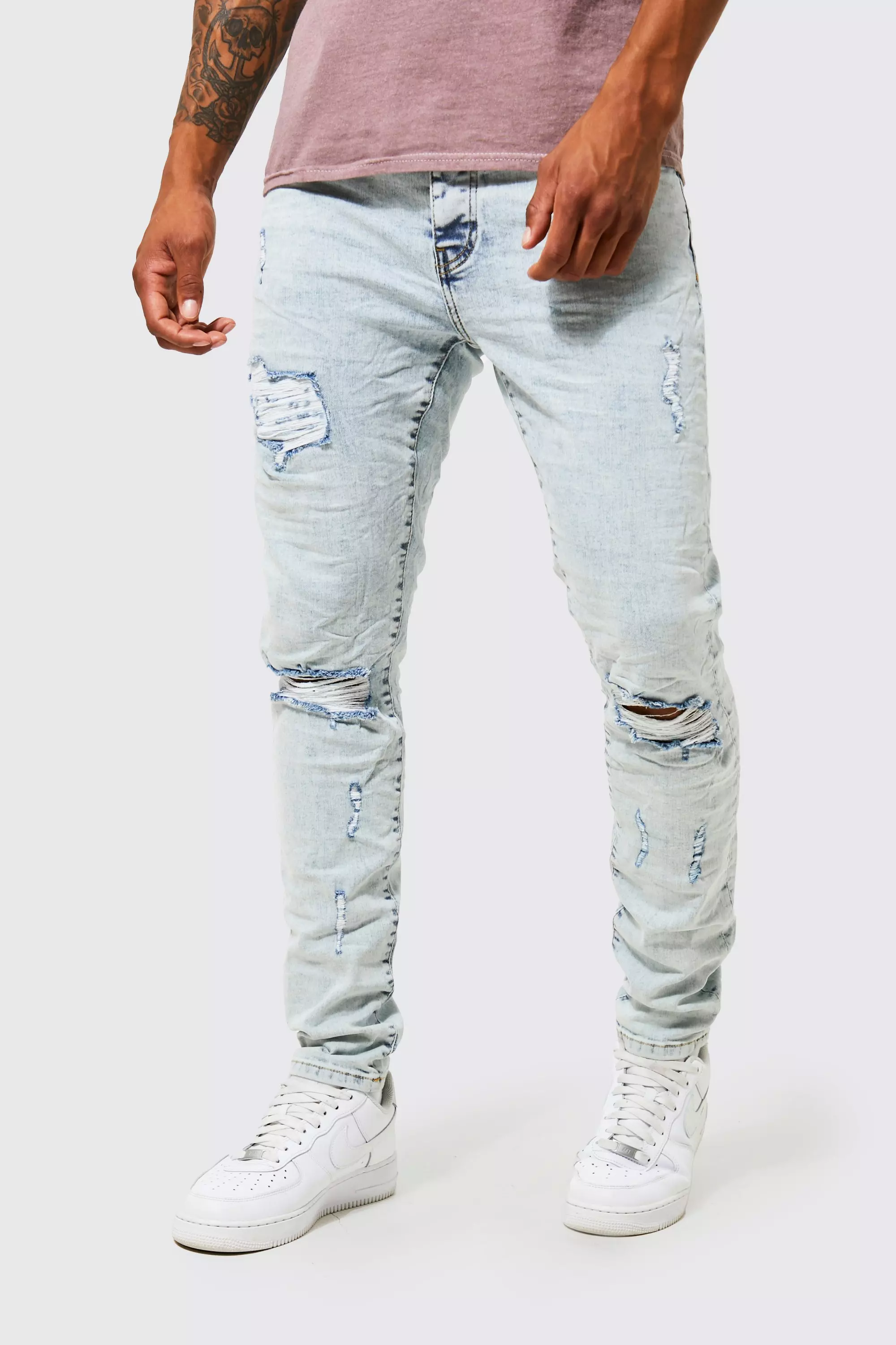 Blue Skinny Stretch Ripped Knee Crinkle Jeans