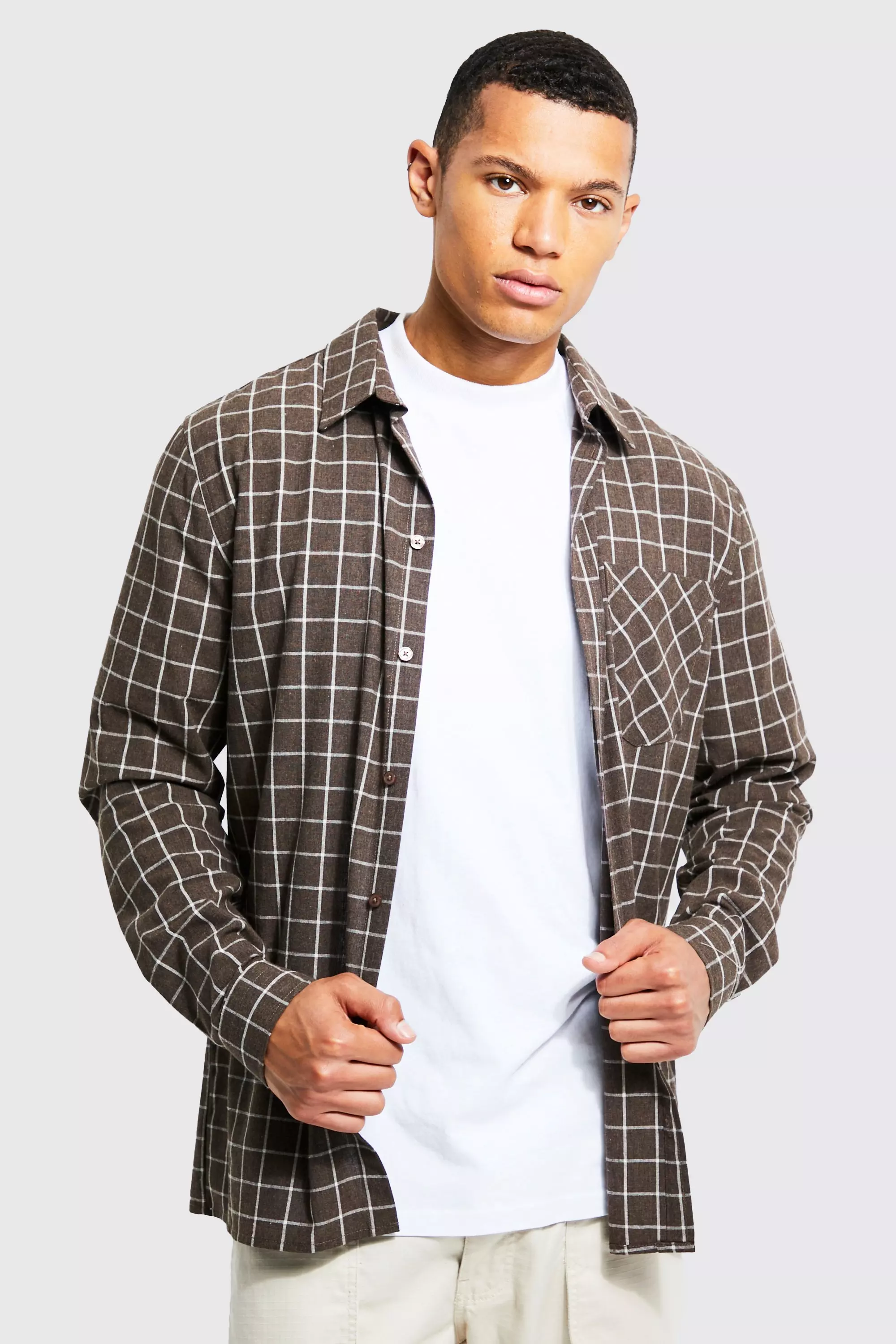 Tall Long Sleeve Window Pane Flannel Shirt Taupe