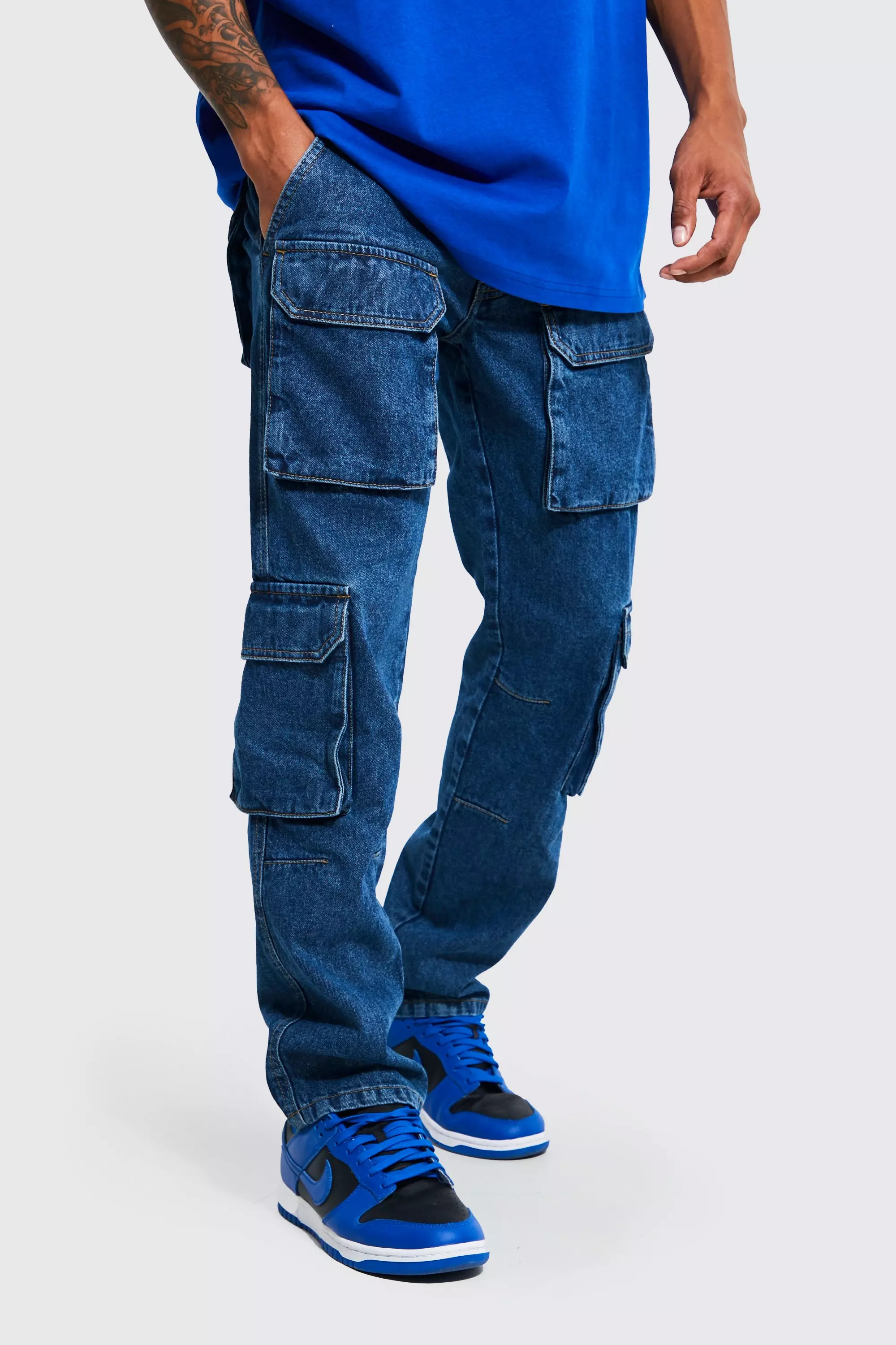 Blue Straight Rigid 3d Cargo Pocket Jeans