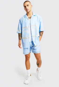 Boxy Official Man Graphic Shirt And Short Set blue