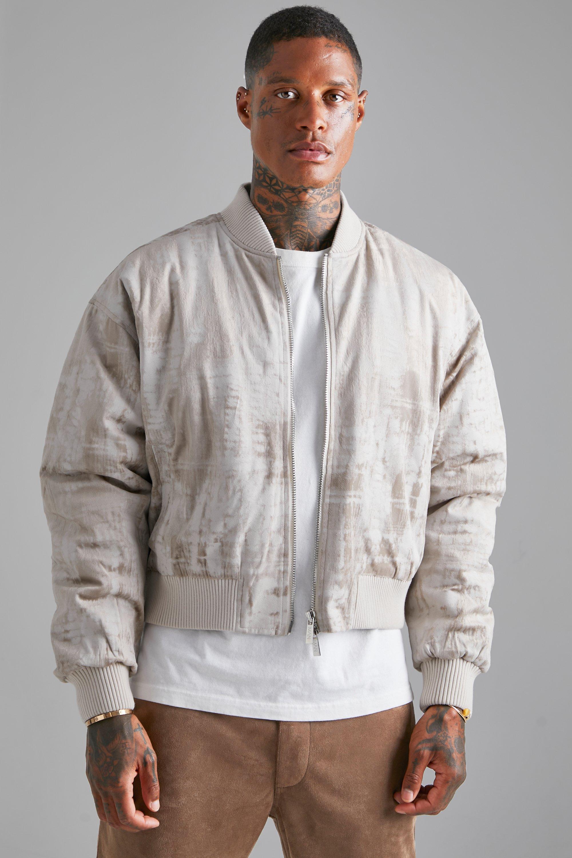 Distressed Velour Bomber Jacket | boohooMAN USA