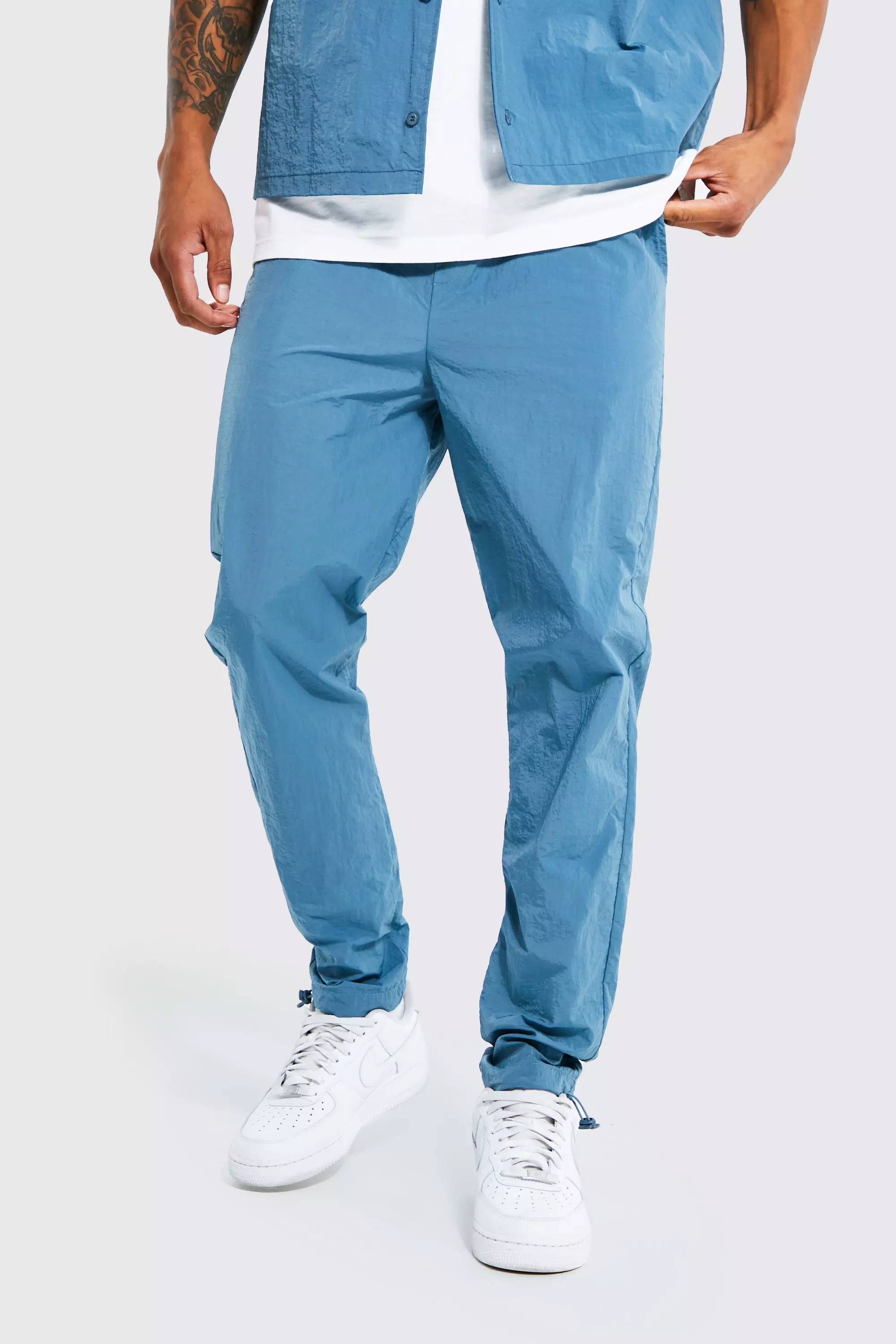 Elastic Waist Slim Fit Crinkle Nylon Pants slate blue